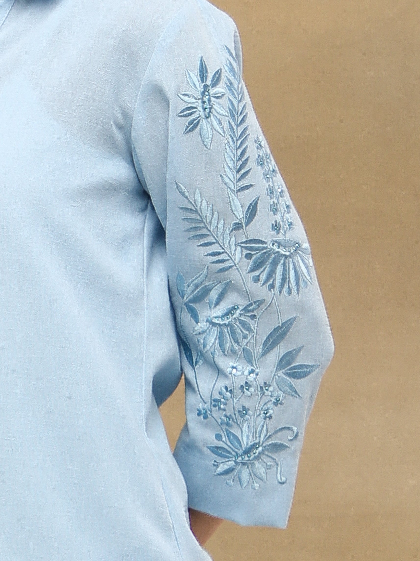 Powder Blue Crushed Linen Embroidered Shirt