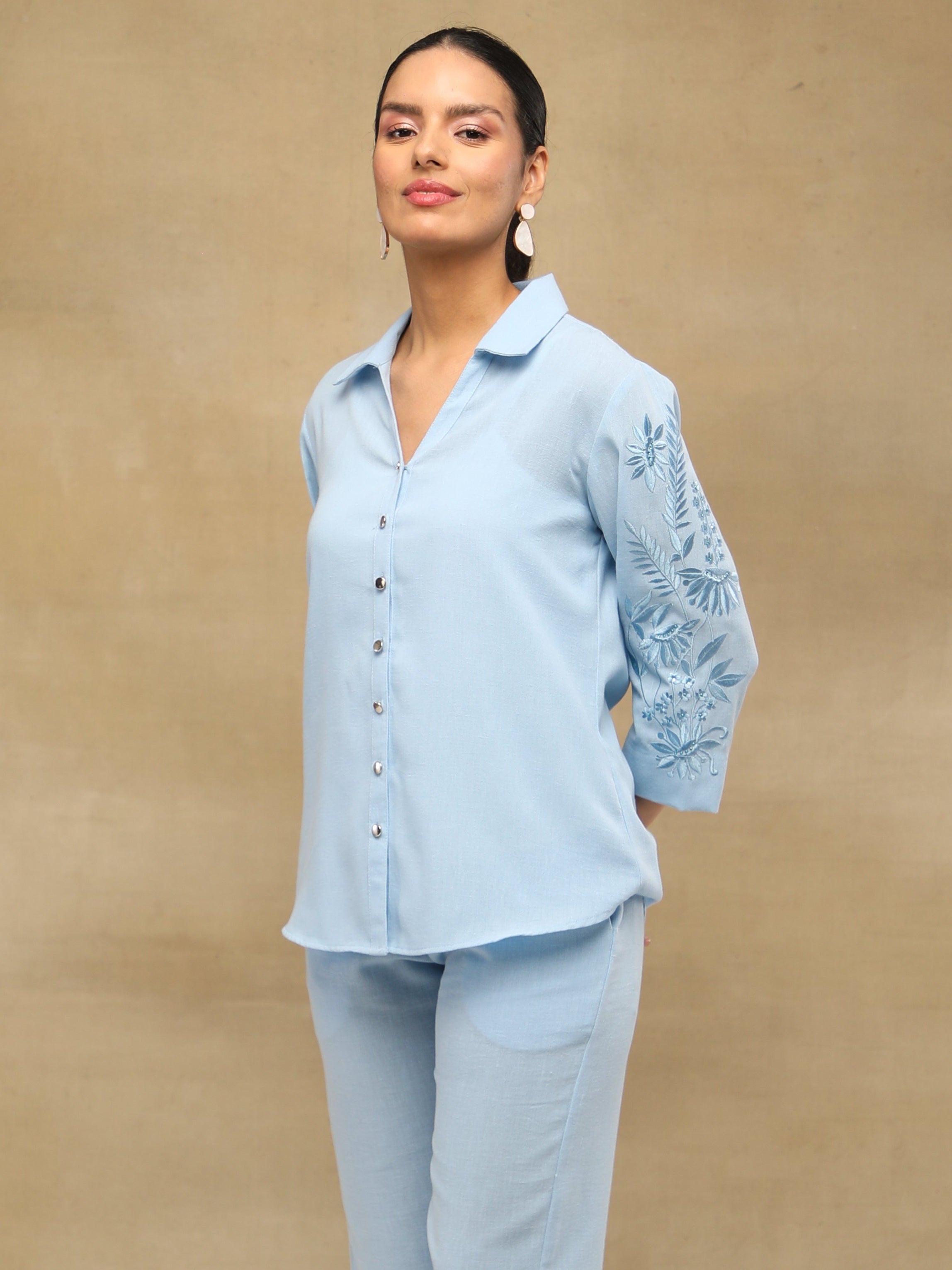 Powder Blue Linen Embroidered Shirt