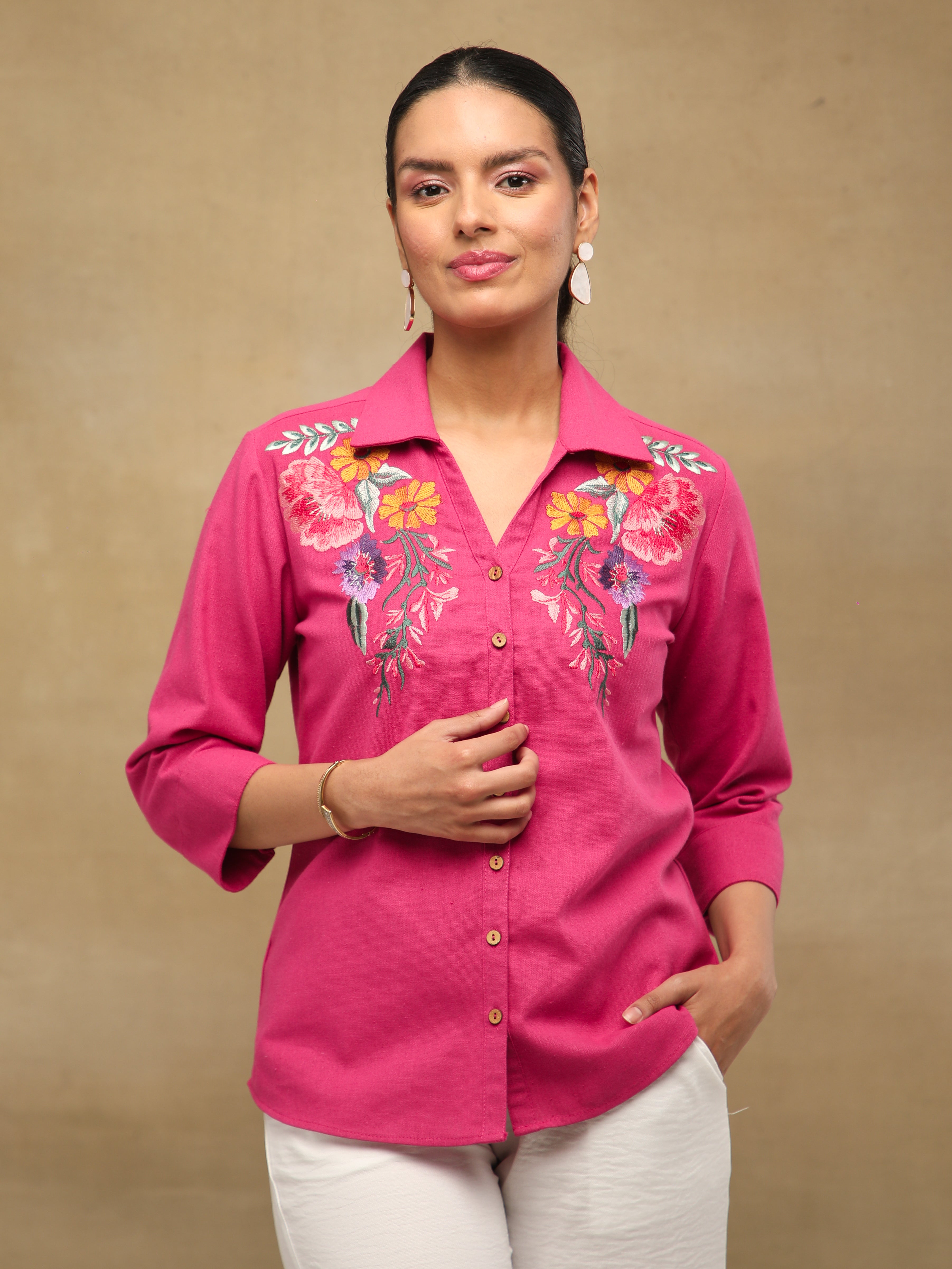 Linen Blush Garden Embroidered Shirt