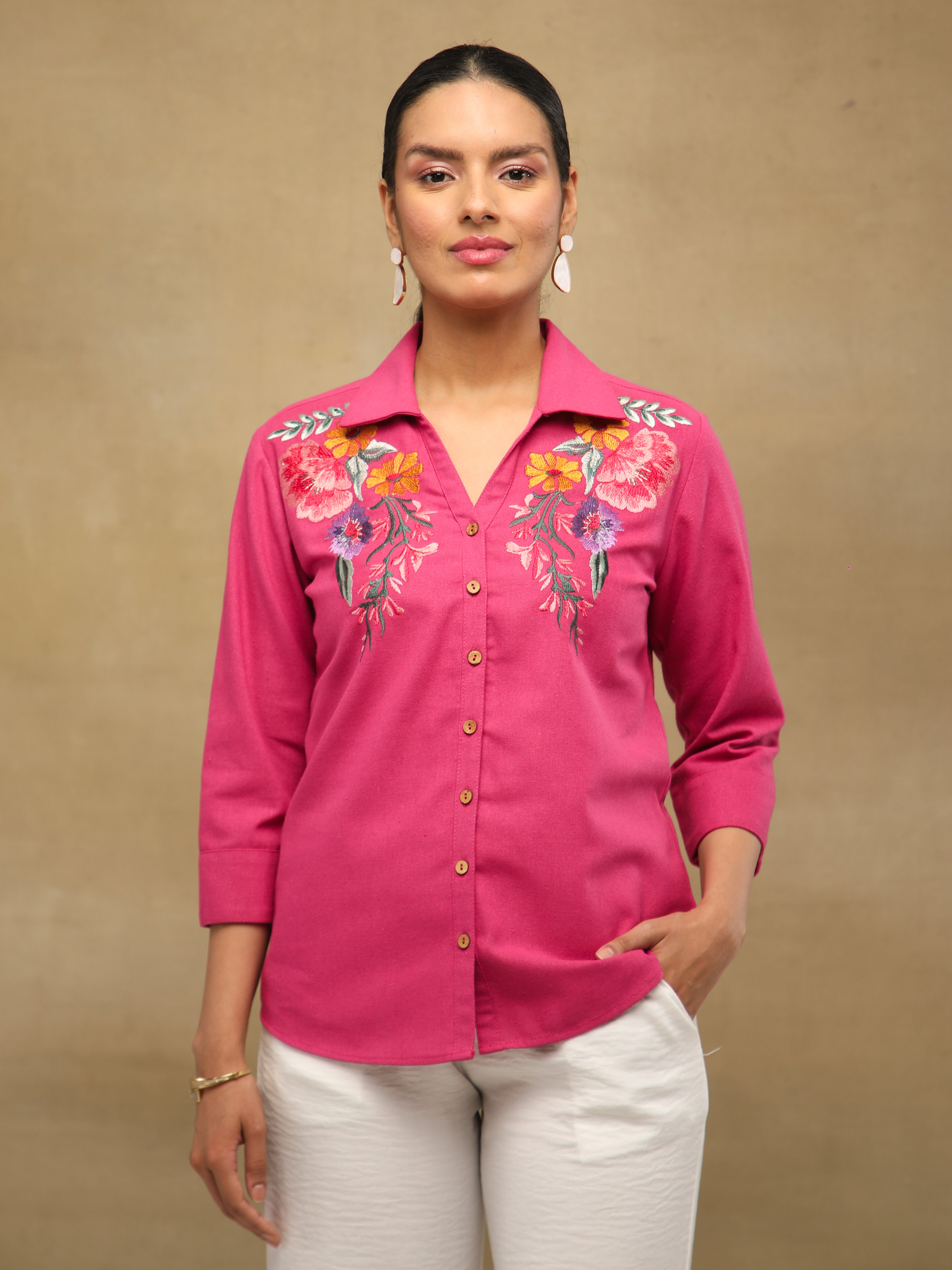 Linen Blush Garden Embroidered Shirt