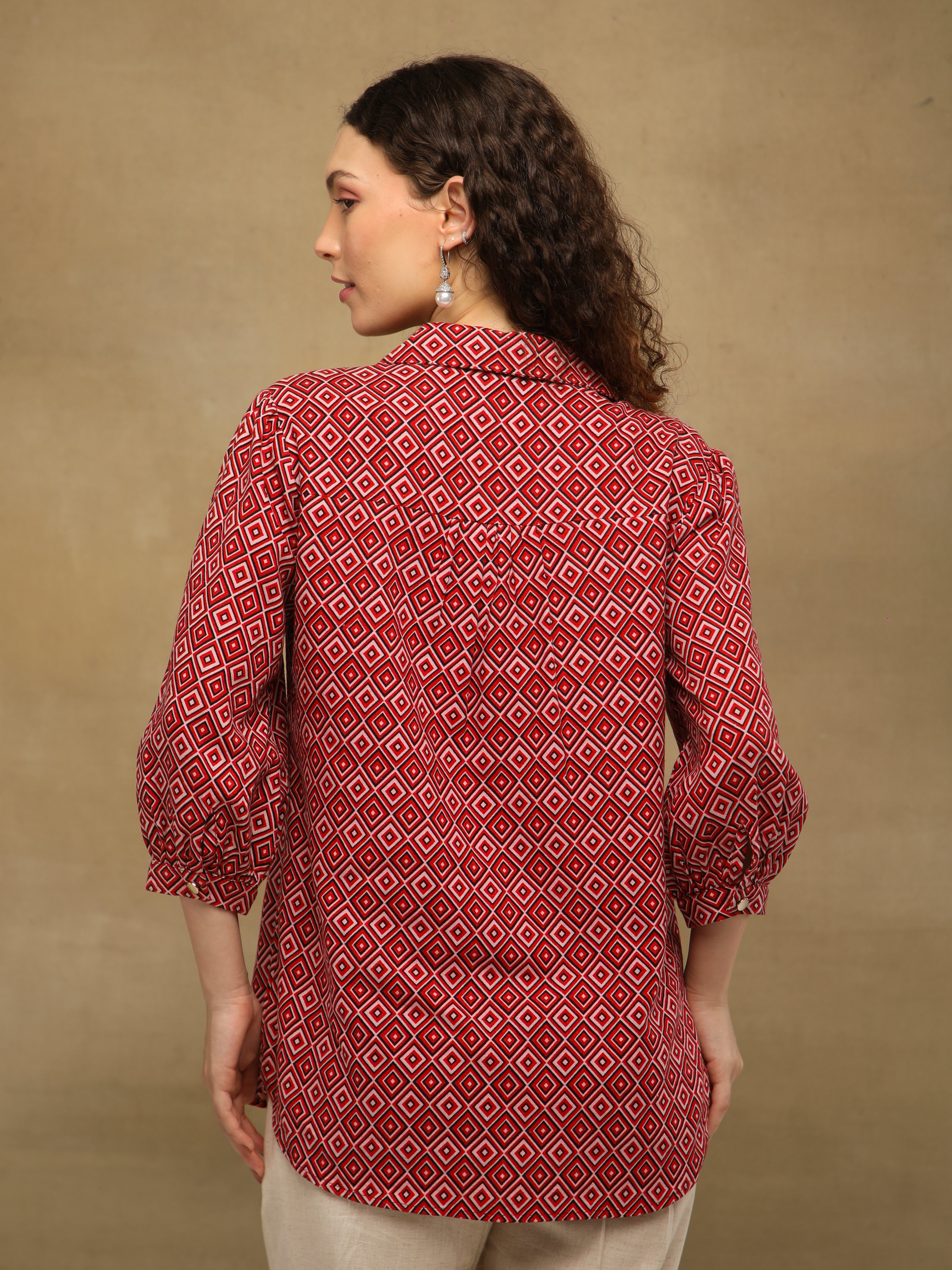 Crimson Diamond Print Linen Shirt