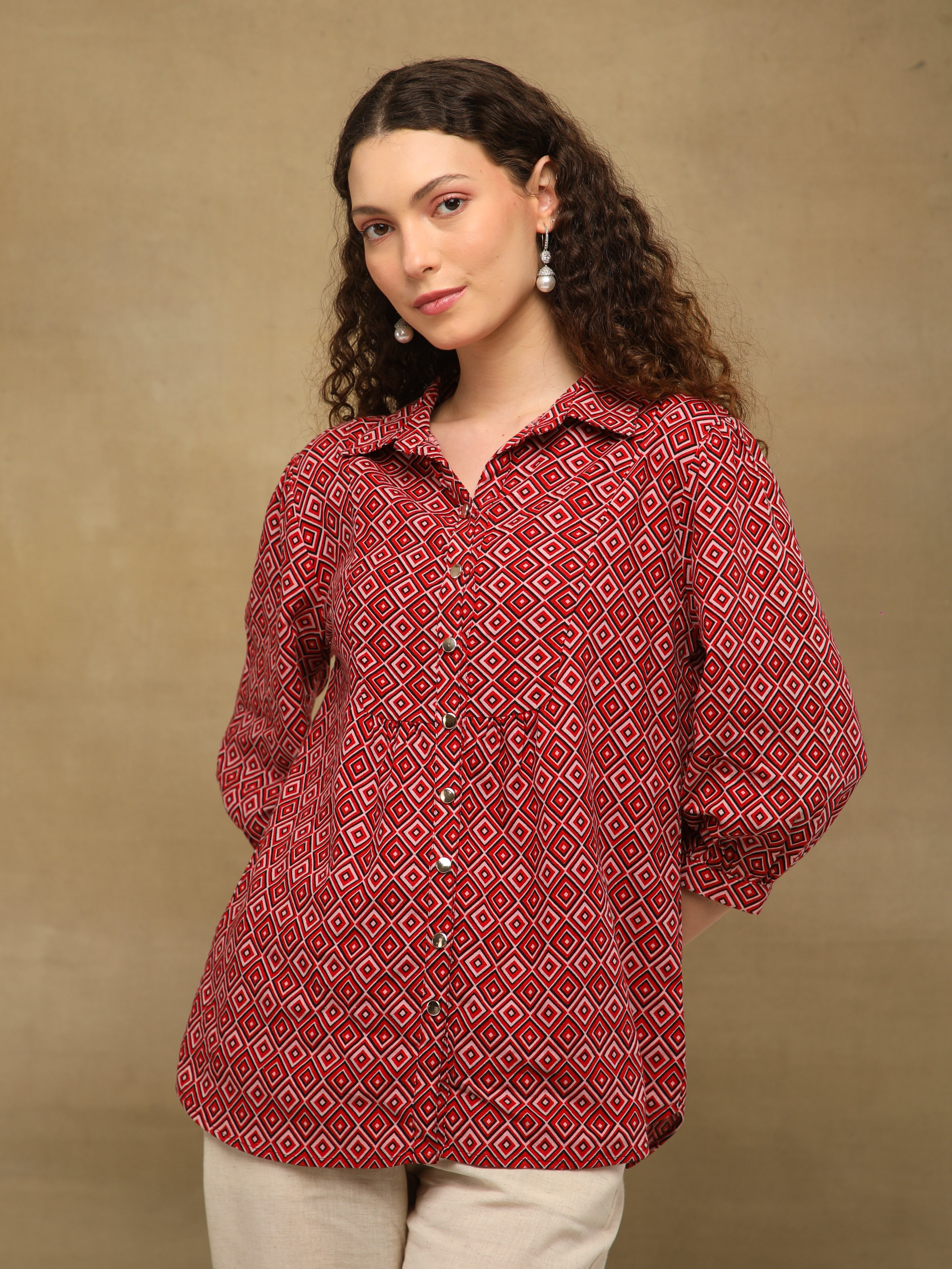 Crimson Diamond Print Linen Shirt