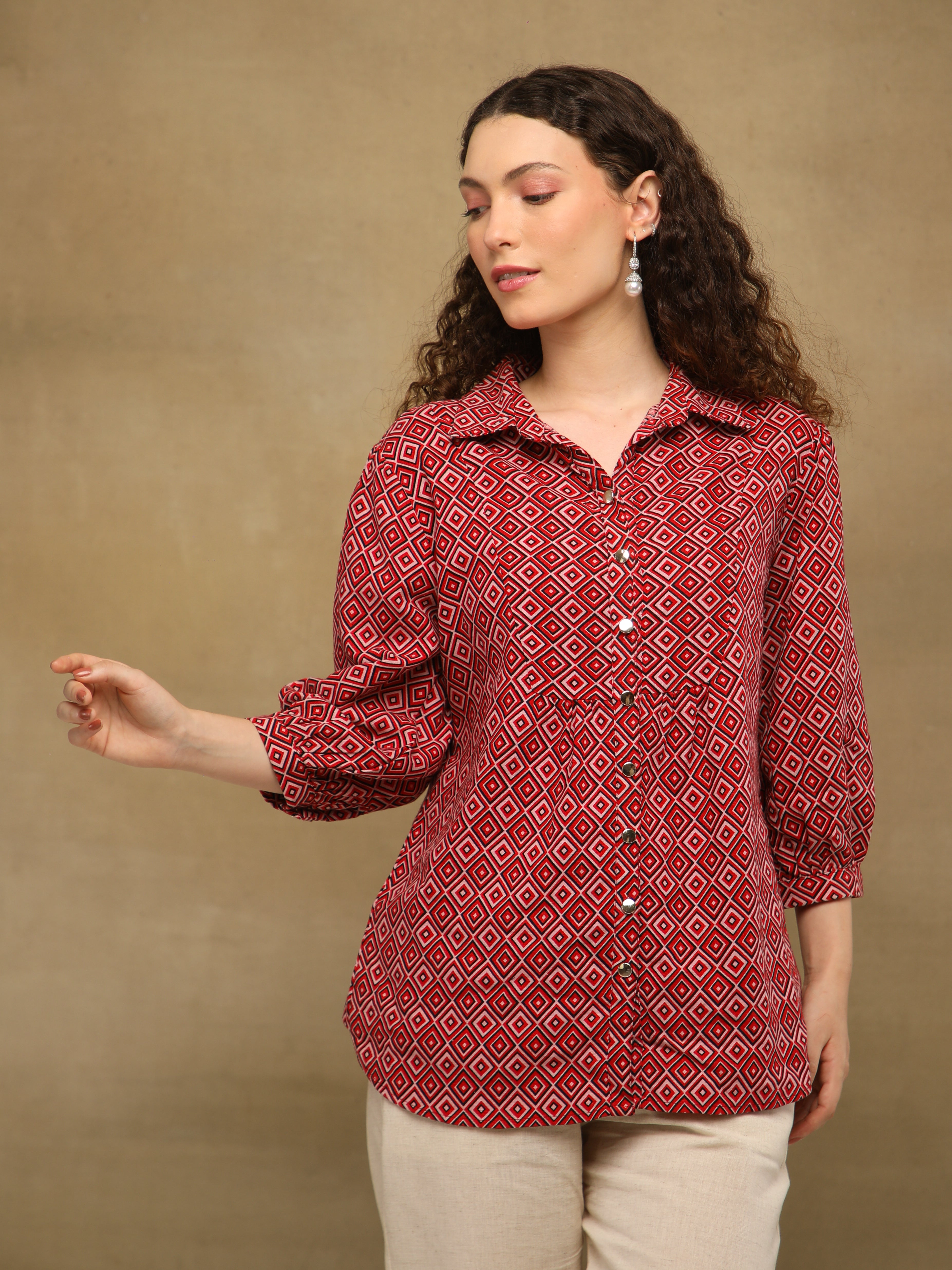 Crimson Diamond Print Linen Shirt