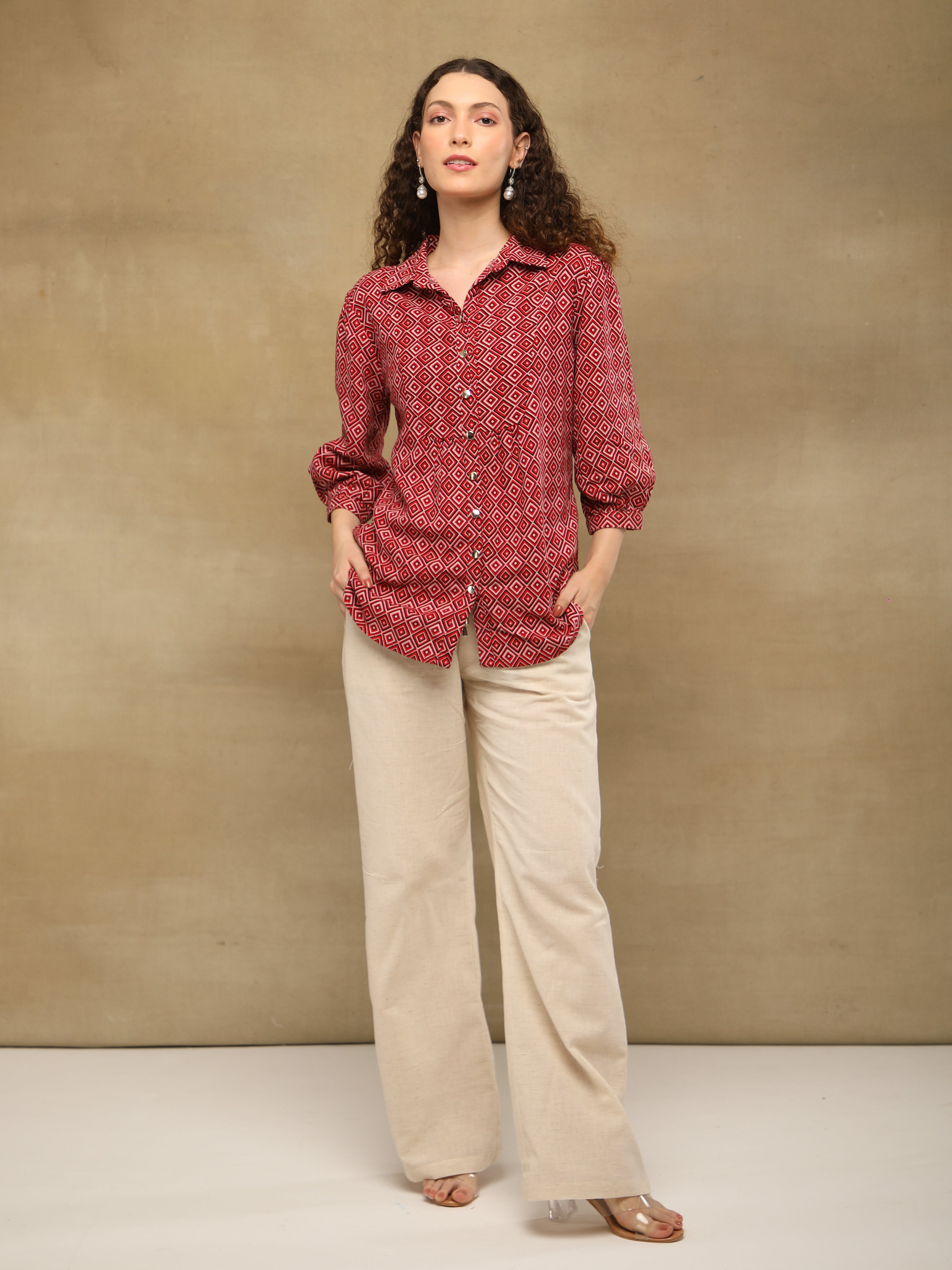 Crimson Diamond Print Linen Shirt
