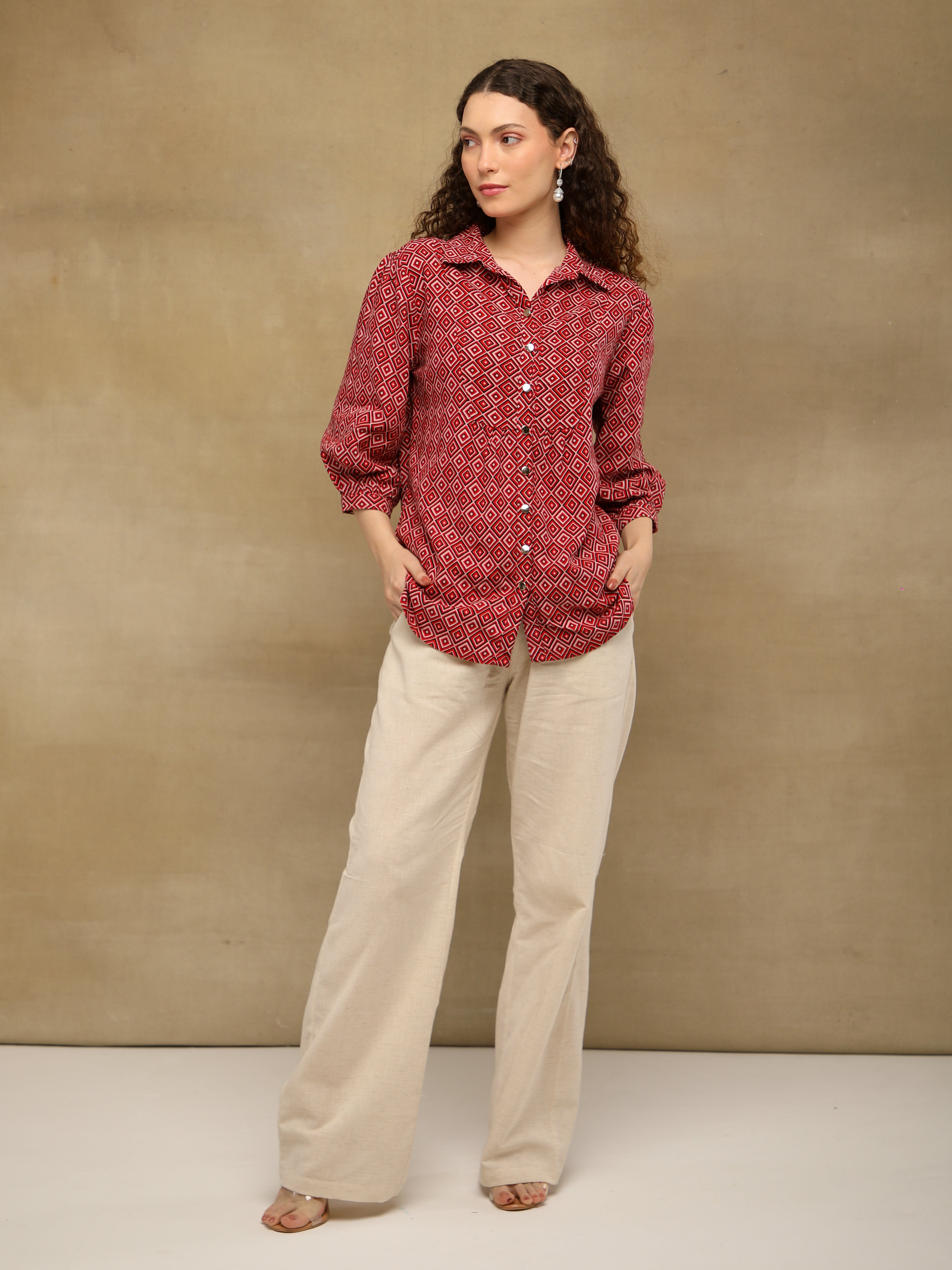 Crimson Diamond Print Linen Shirt