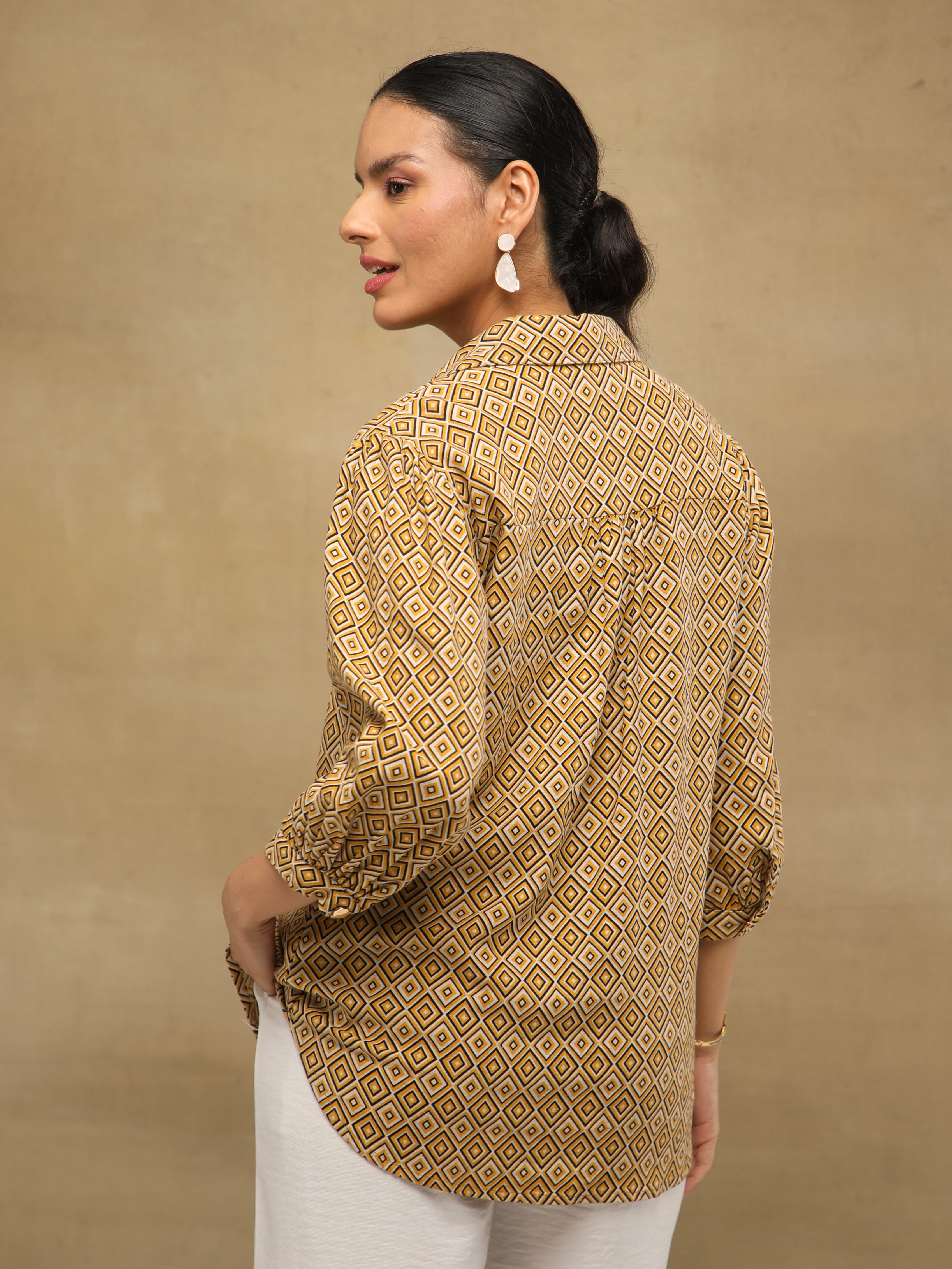 Mustard Diamond Print Linen Shirt