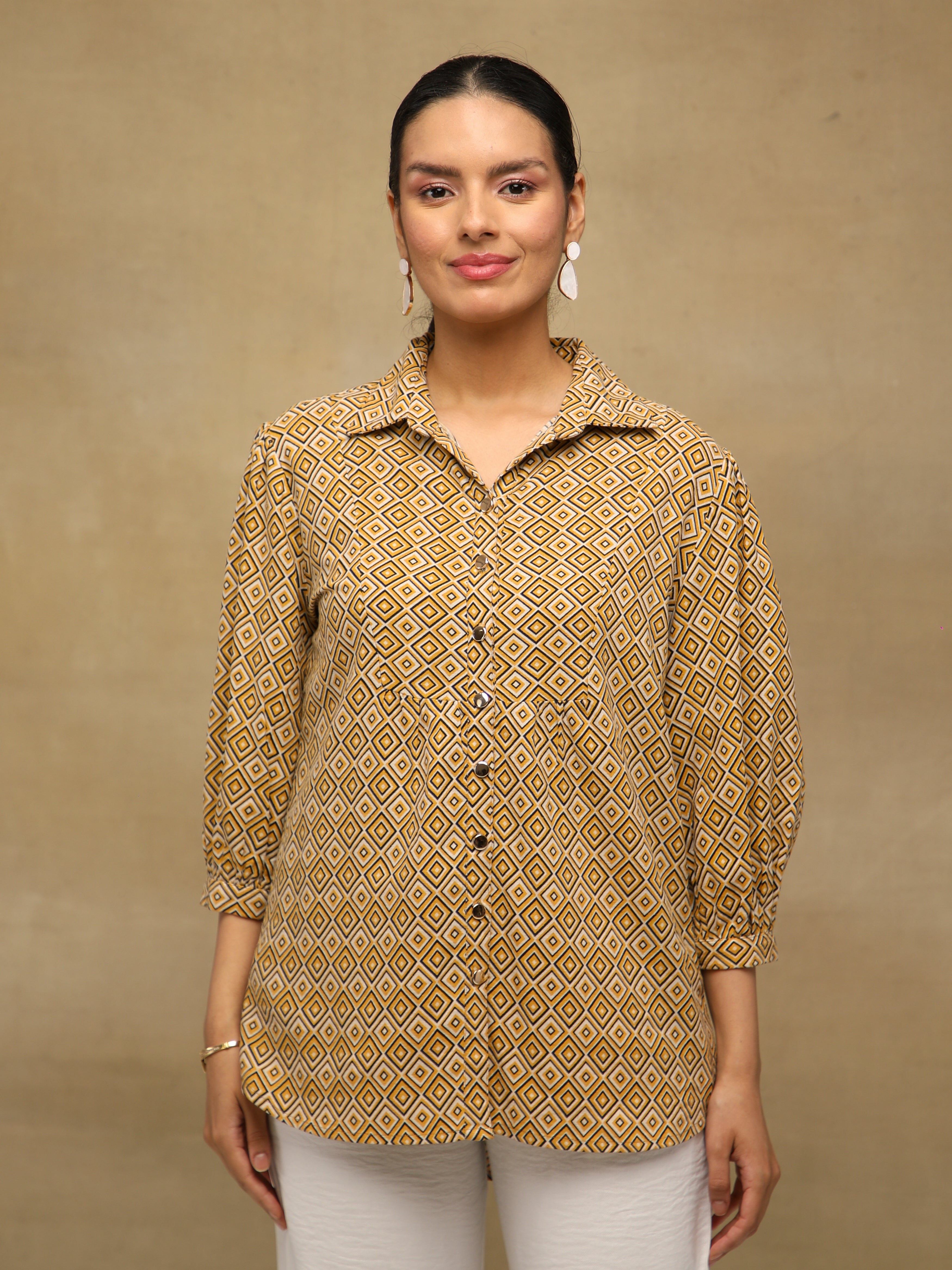 Mustard Diamond Print Linen Shirt