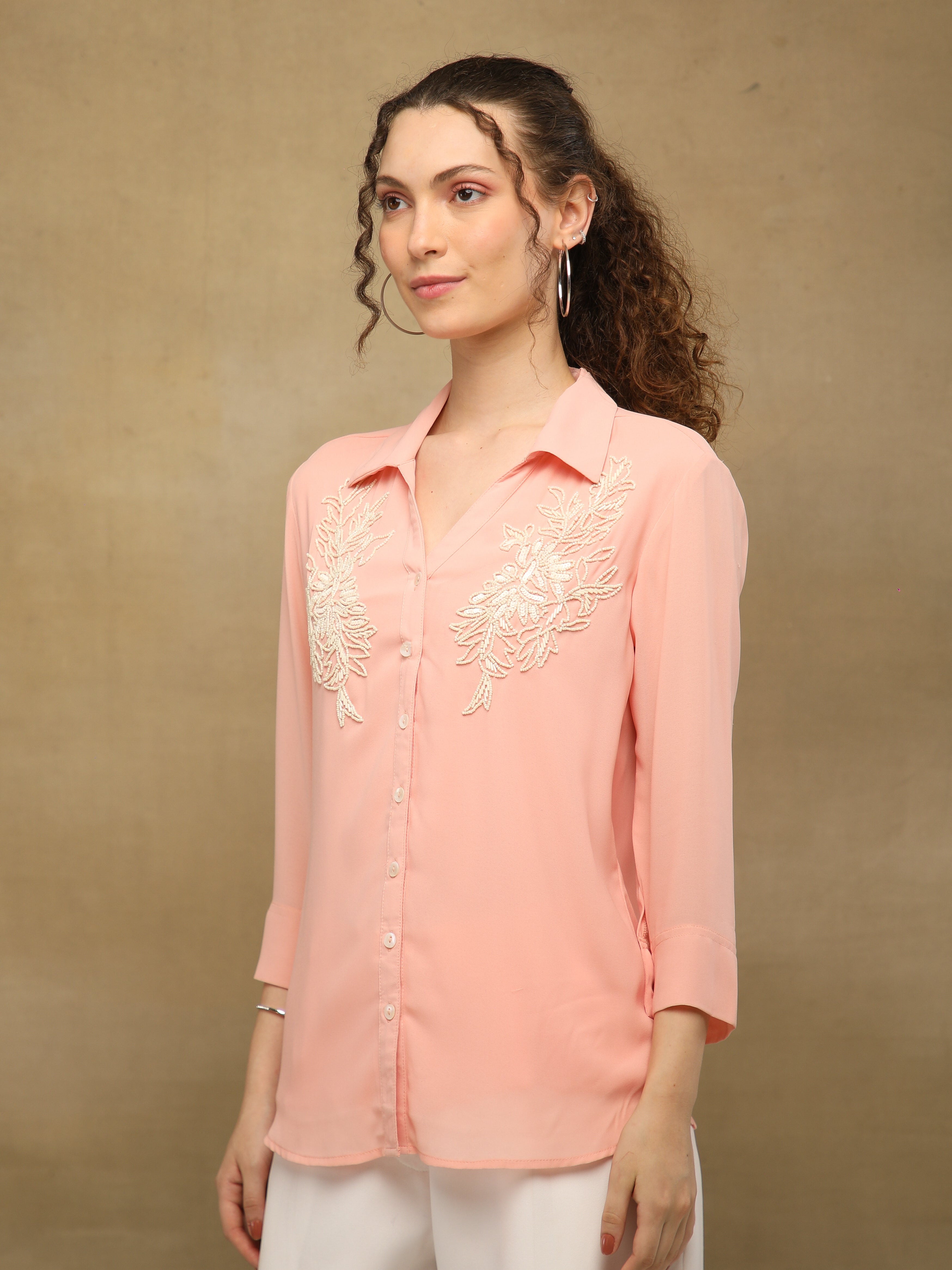 White Bead Embellished Peach Shirt
