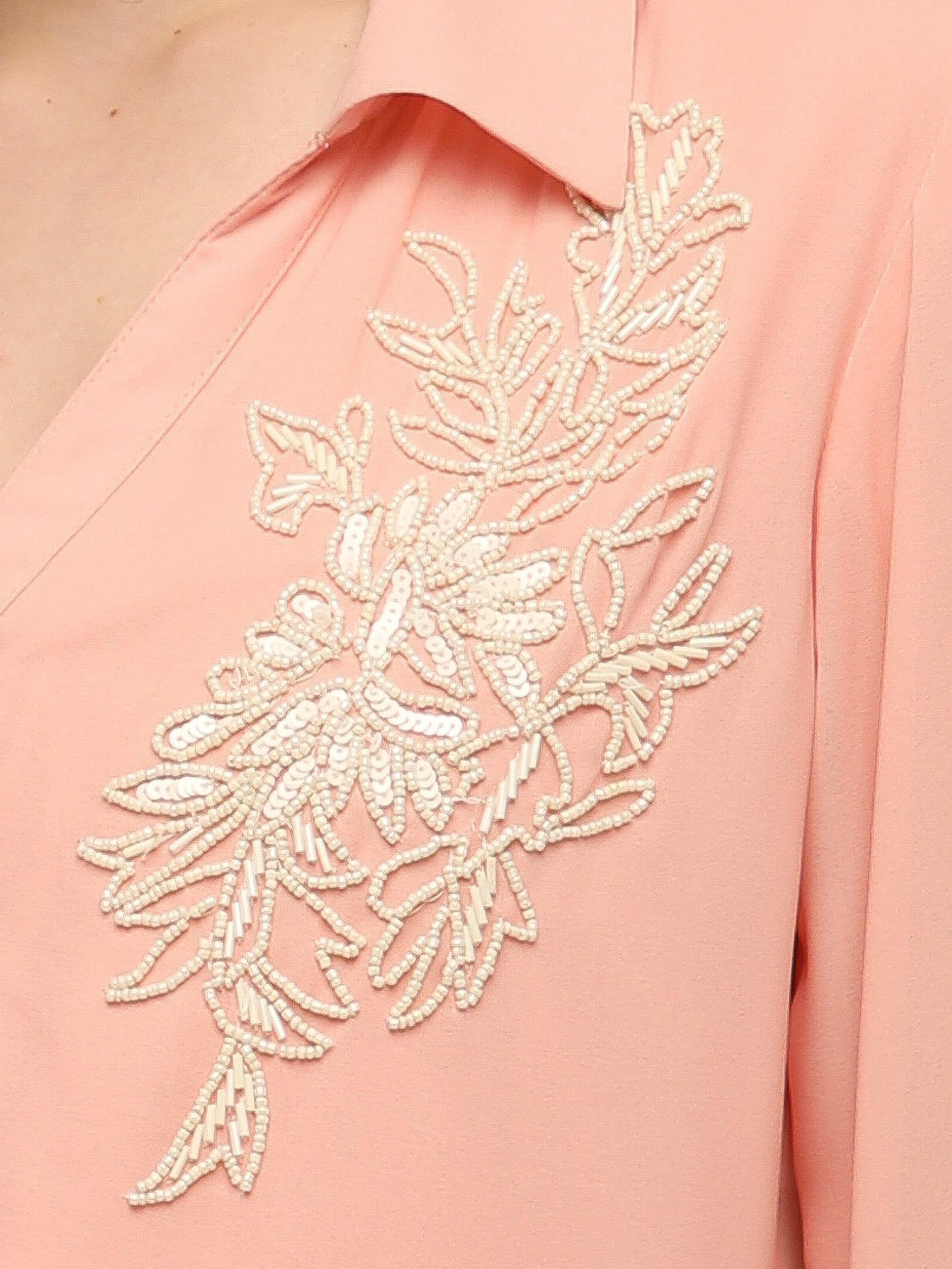 White Bead Embellished Peach Shirt