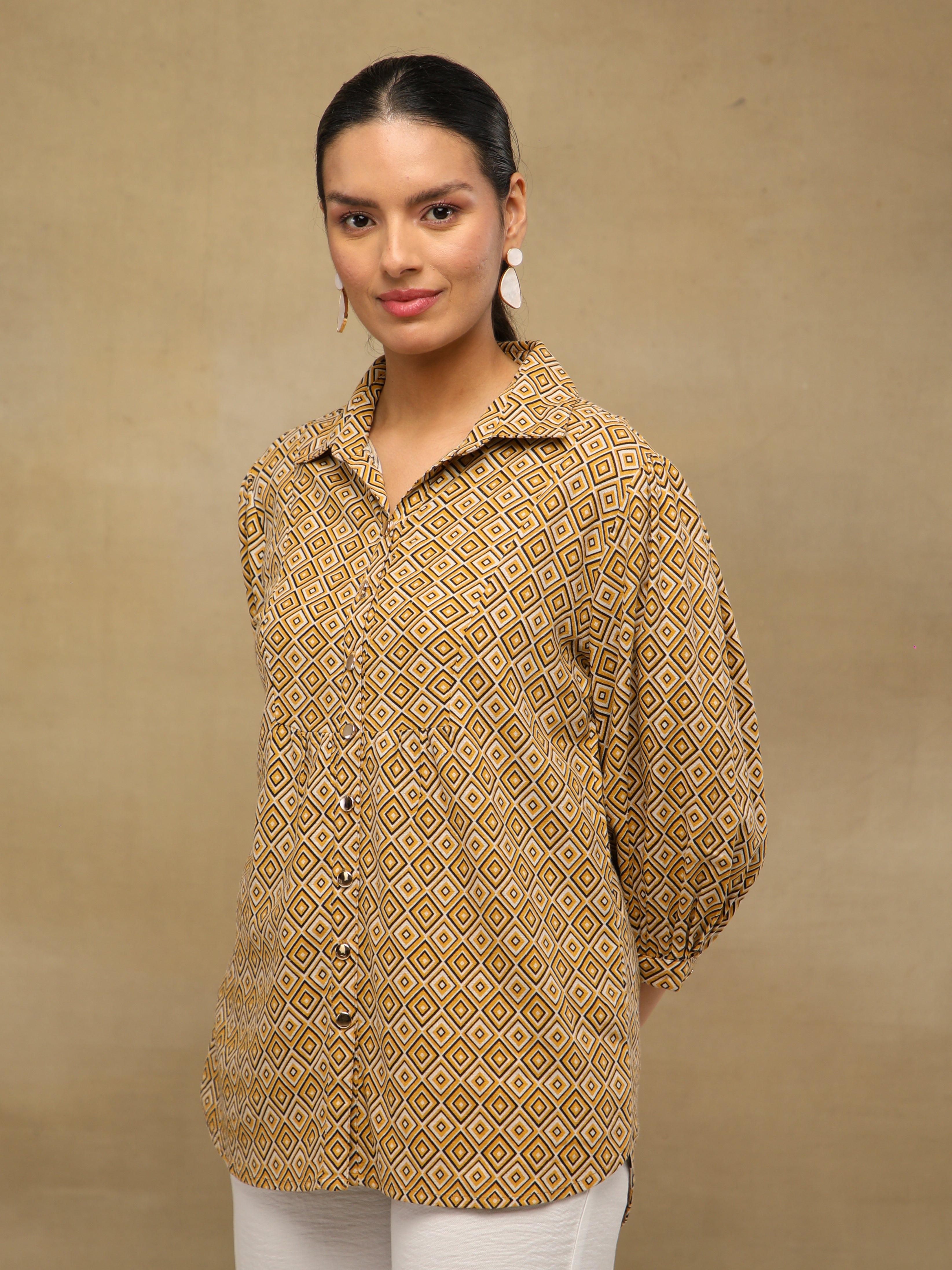 Mustard Diamond Print Linen Shirt