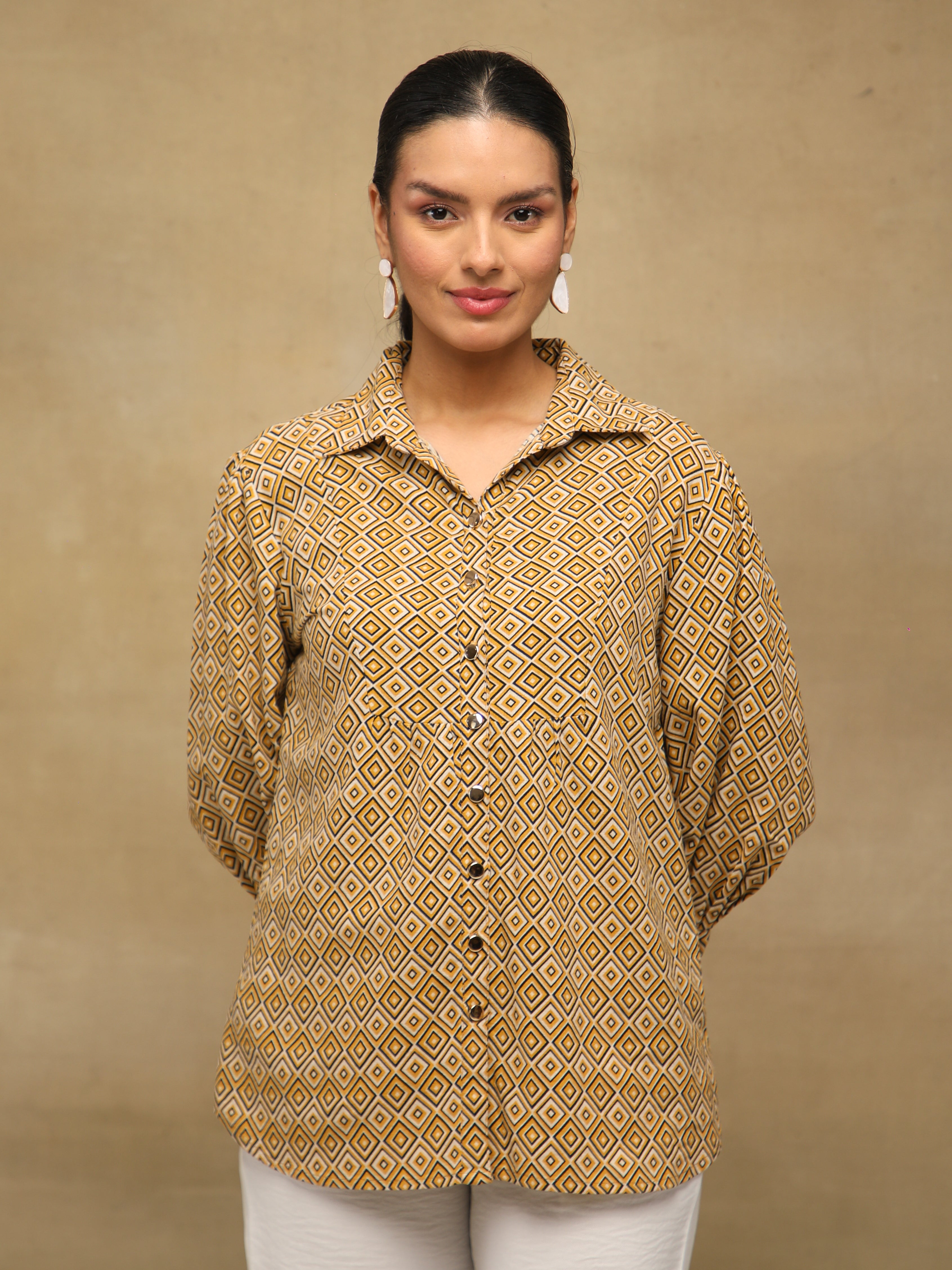 Mustard Diamond Print Linen Shirt