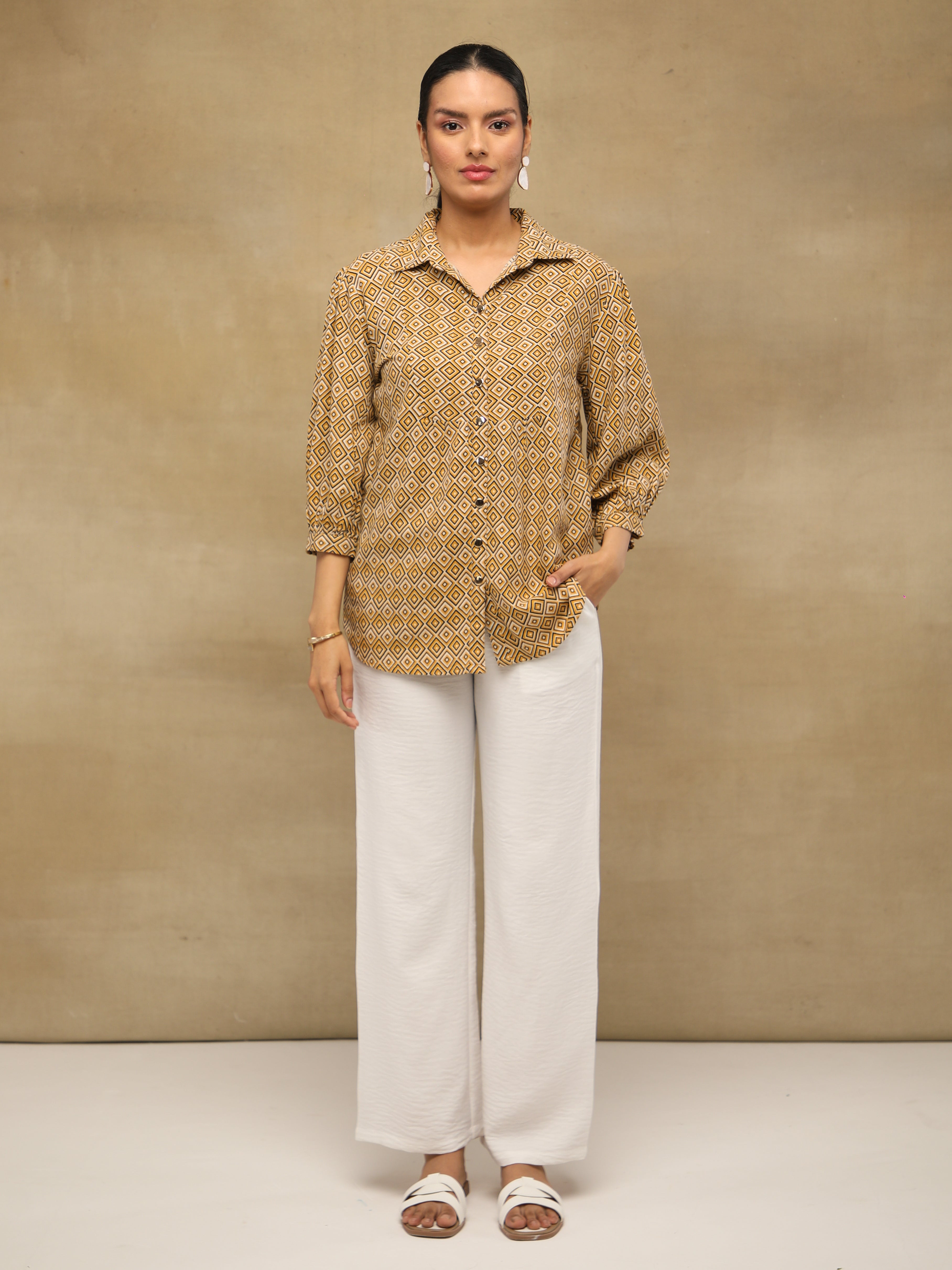 Mustard Diamond Print Linen Shirt