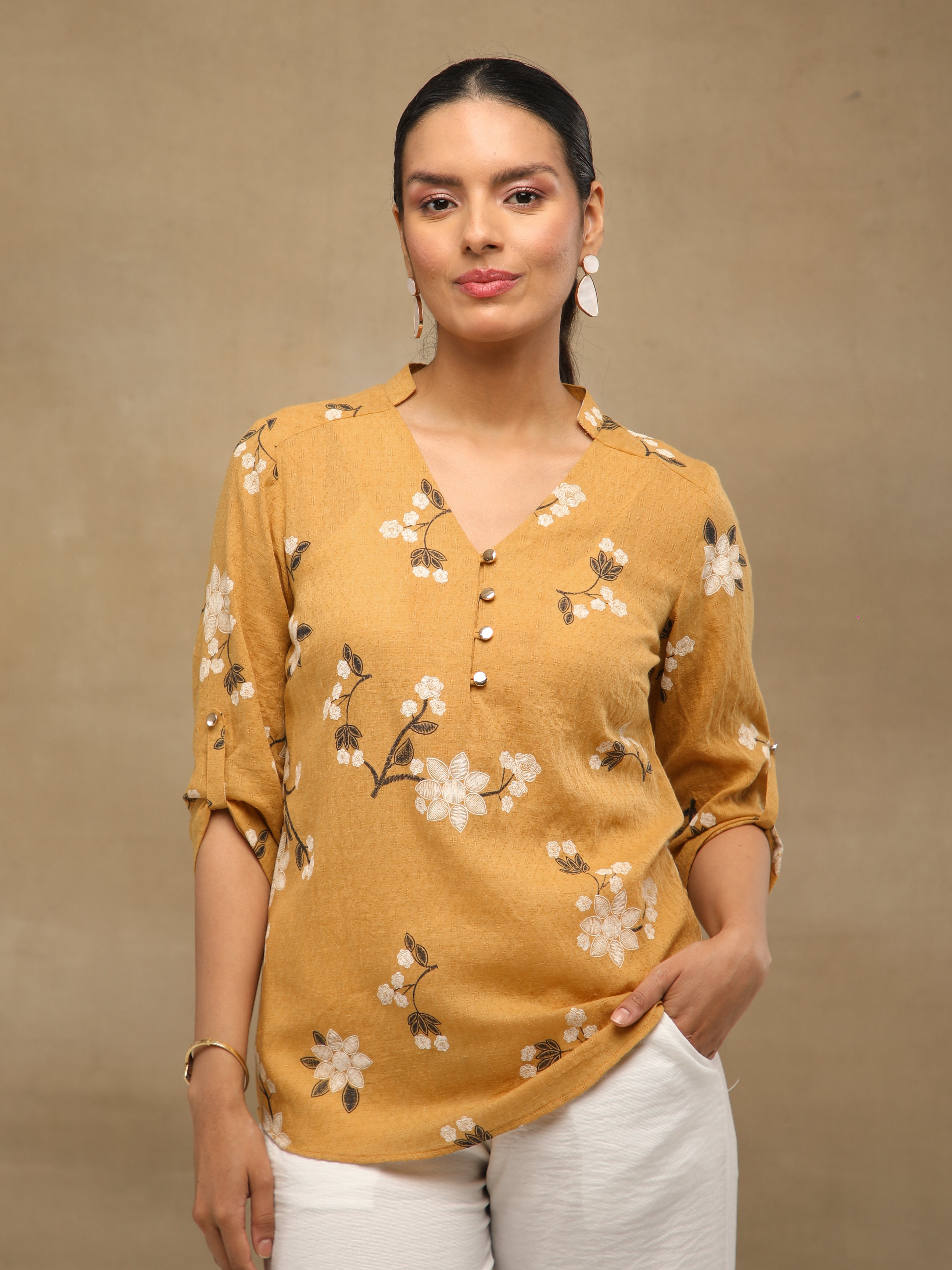 Mustard White Floral Print Cotton Top