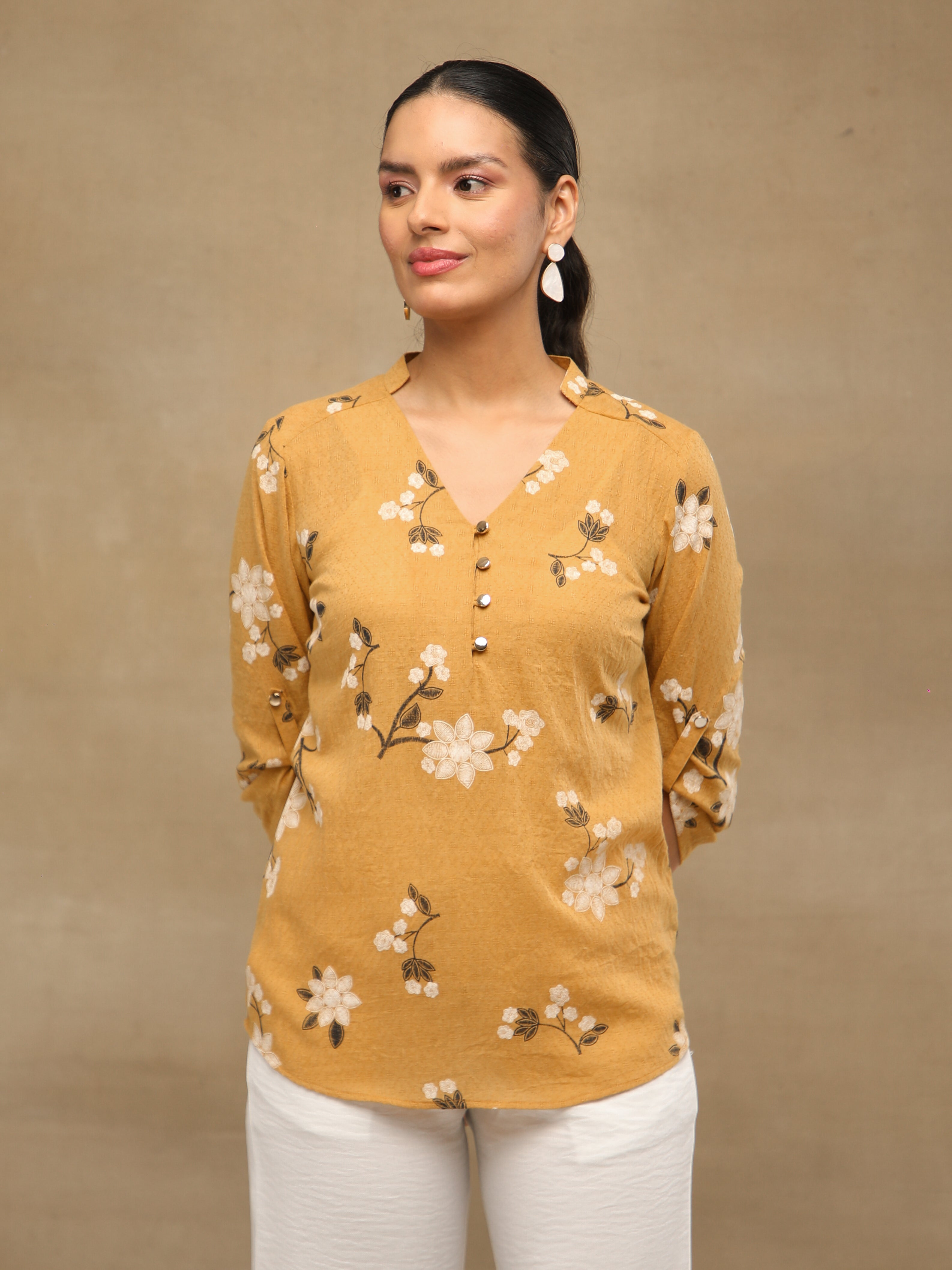 Mustard White Floral Print Cotton Top