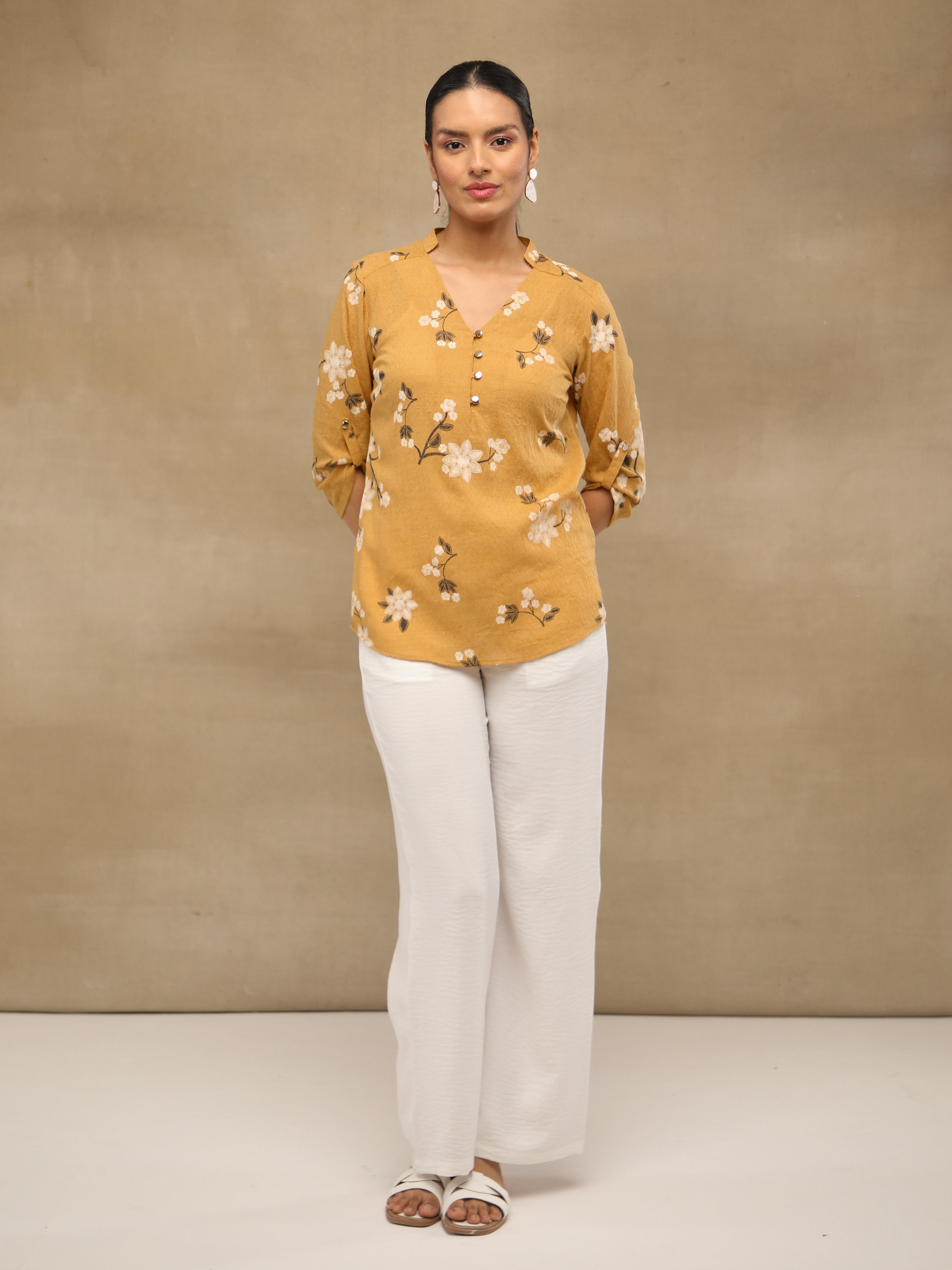 Mustard White Floral Print Cotton Top