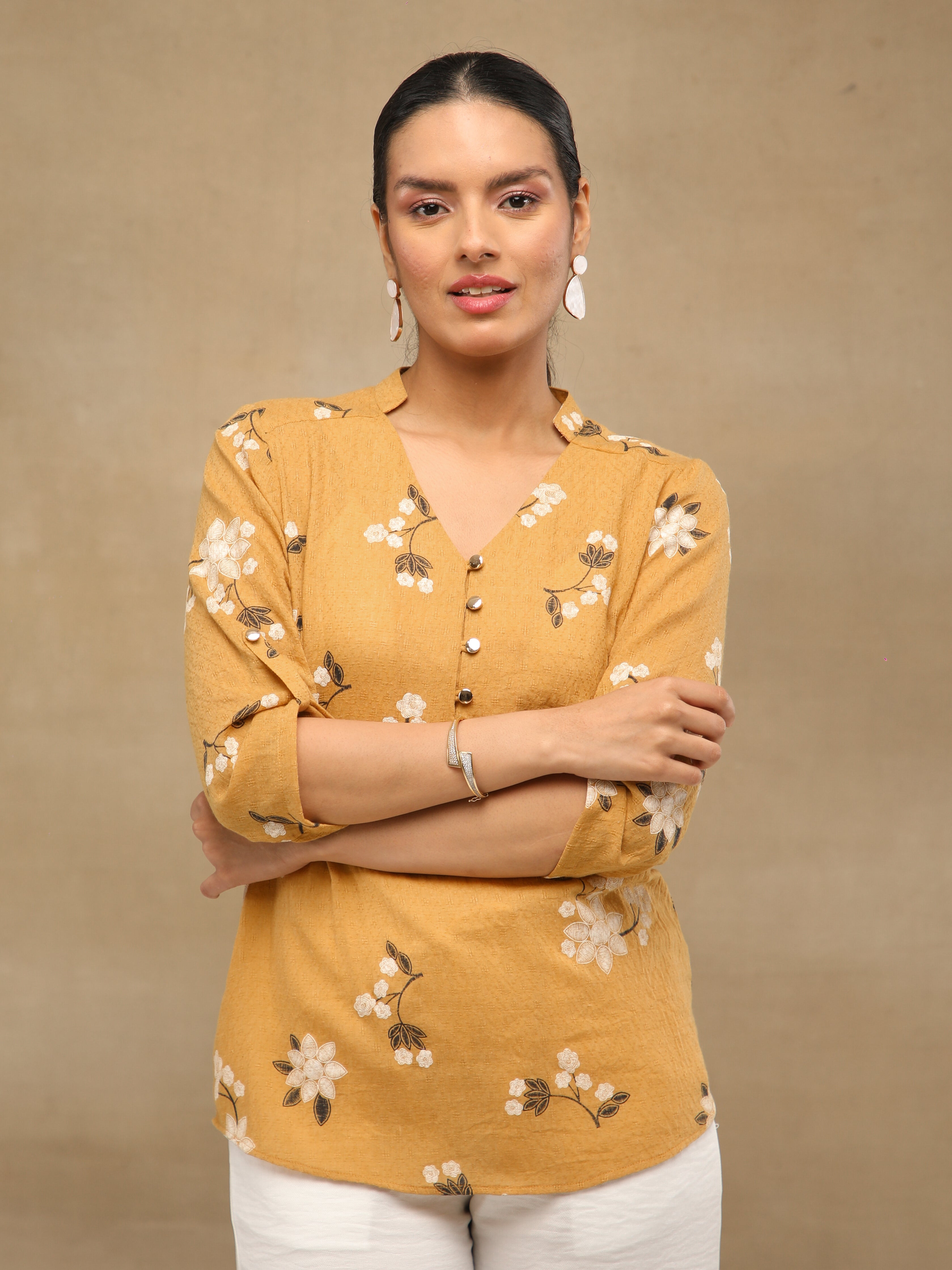 Mustard White Floral Print Cotton Top