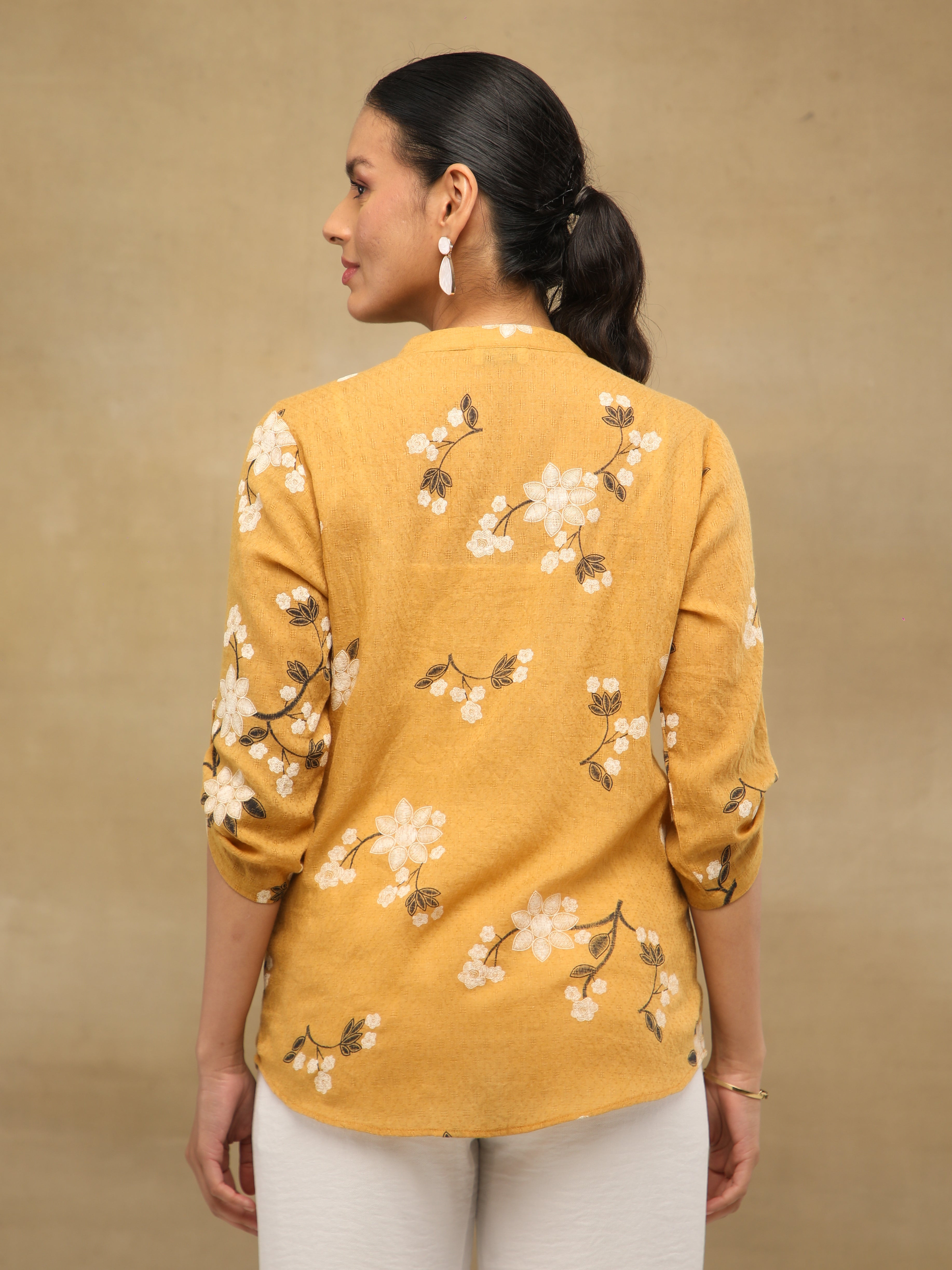 Mustard White Floral Print Cotton Top