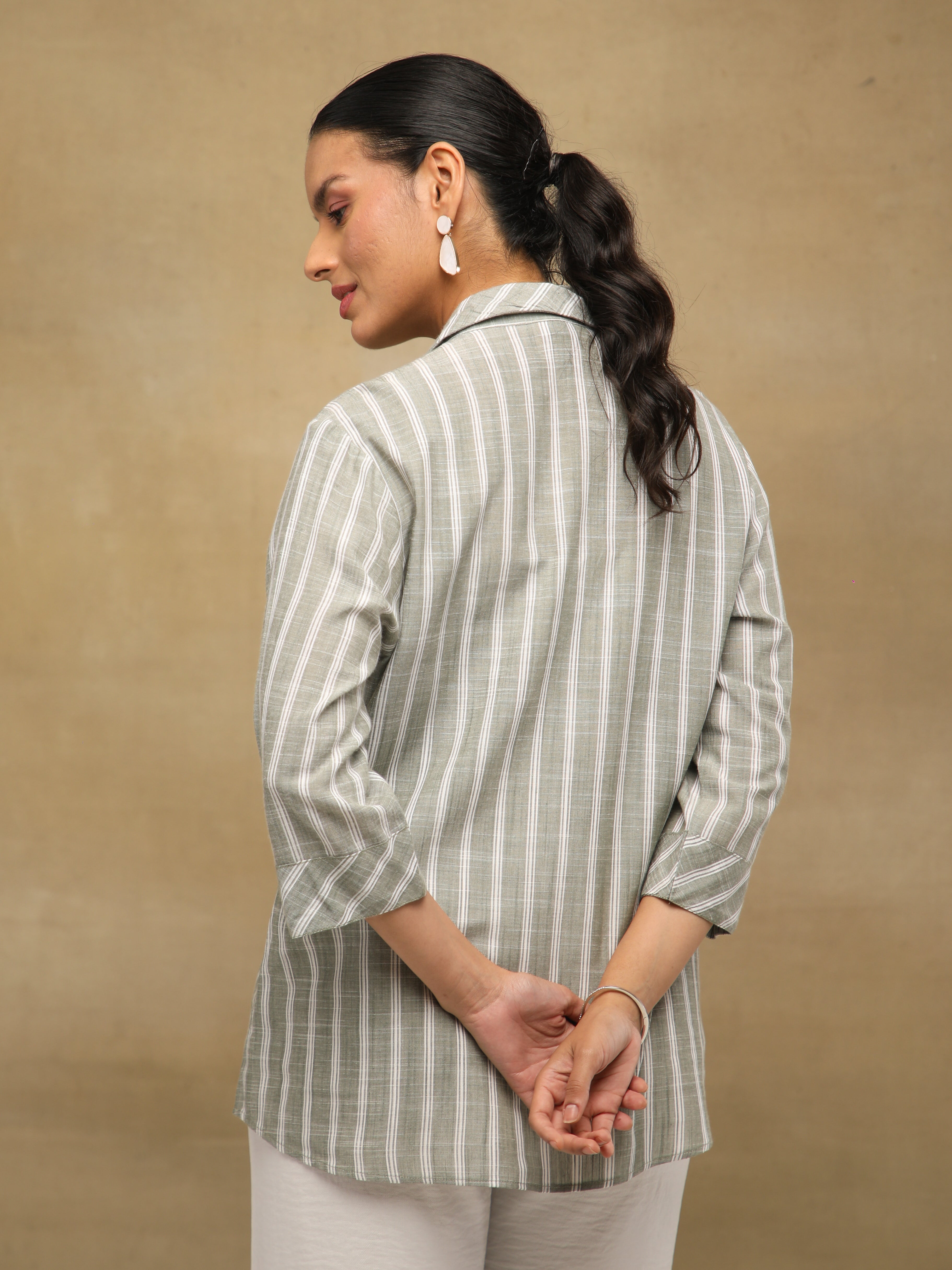 Embroidered Stripe Olive Linen Shirt