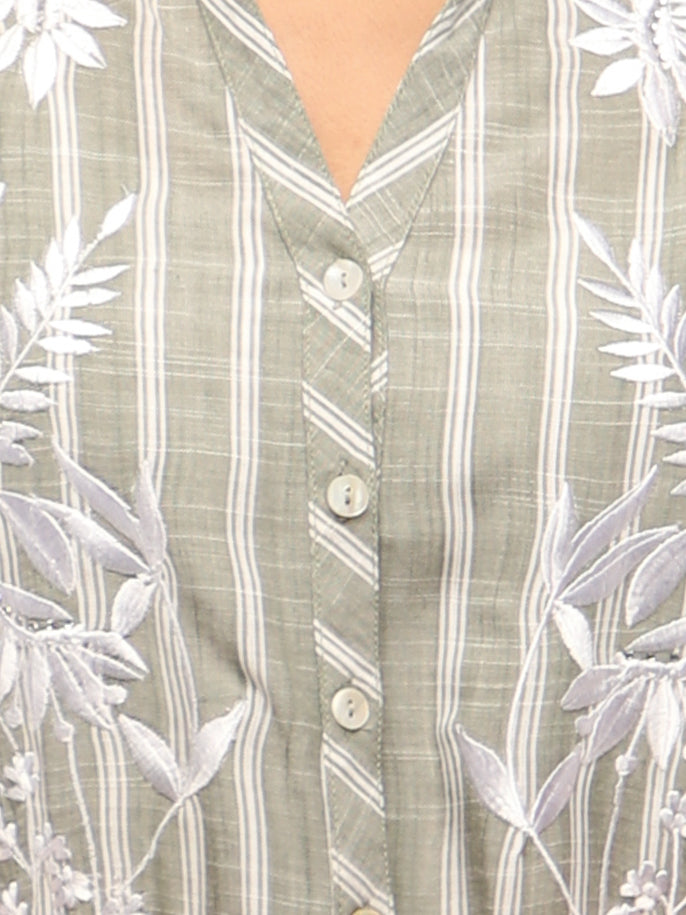 Embroidered Stripe Olive Linen Shirt