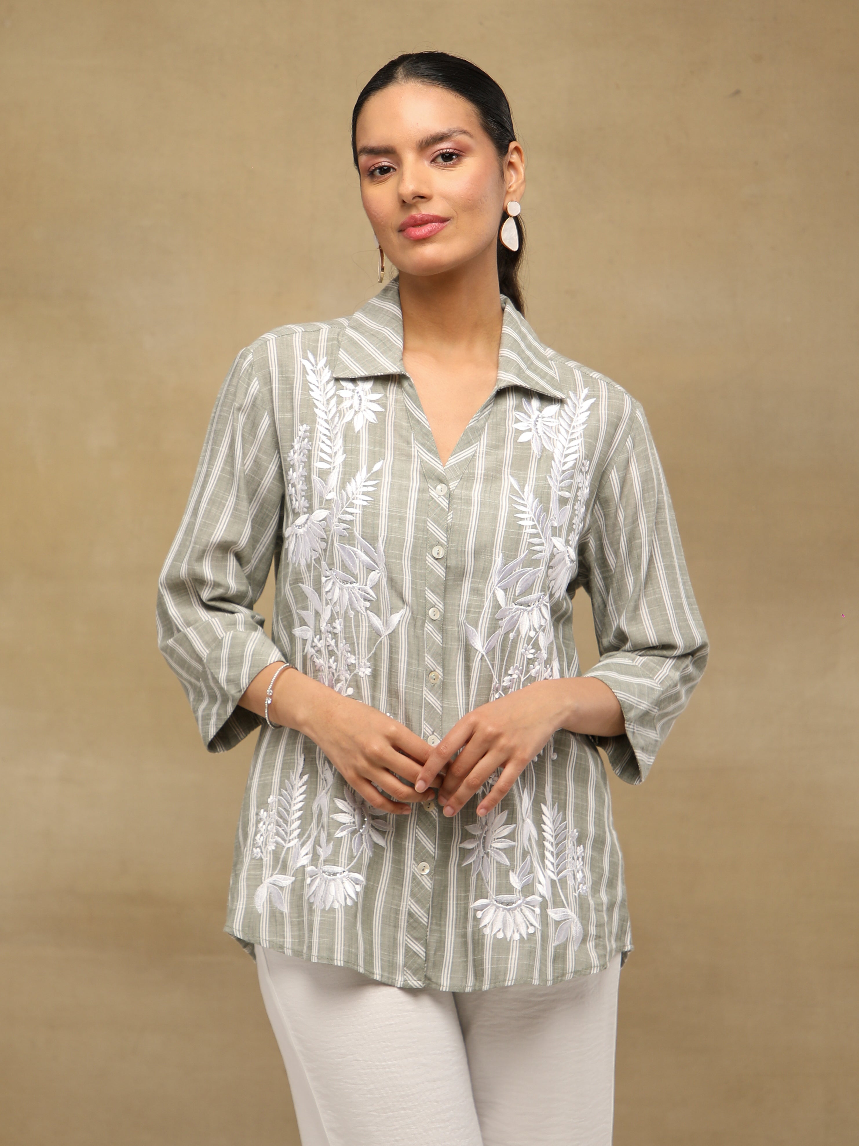Embroidered Stripe Olive Linen Shirt