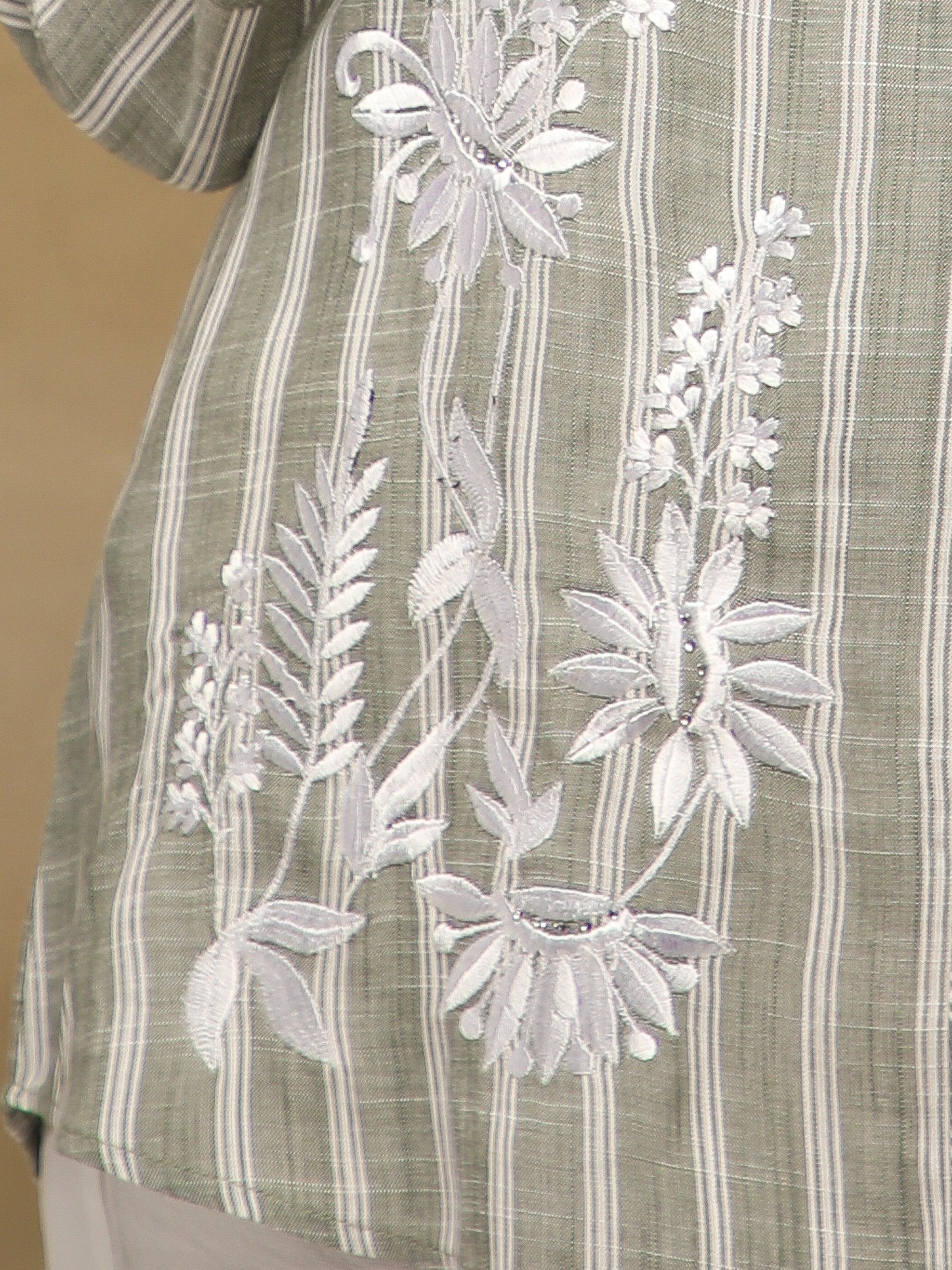 Embroidered Stripe Olive Linen Shirt