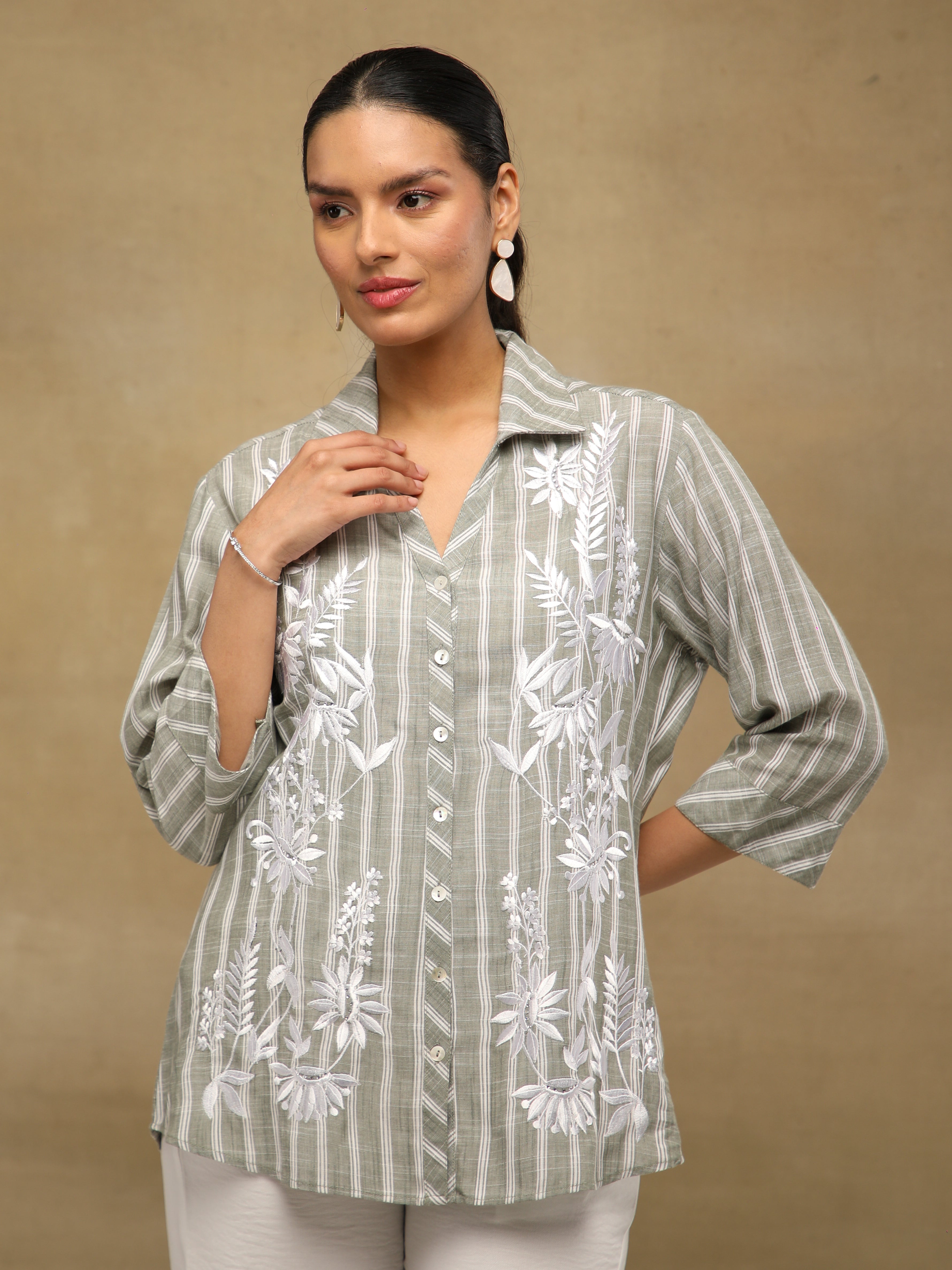 Embroidered Stripe Olive Linen Shirt