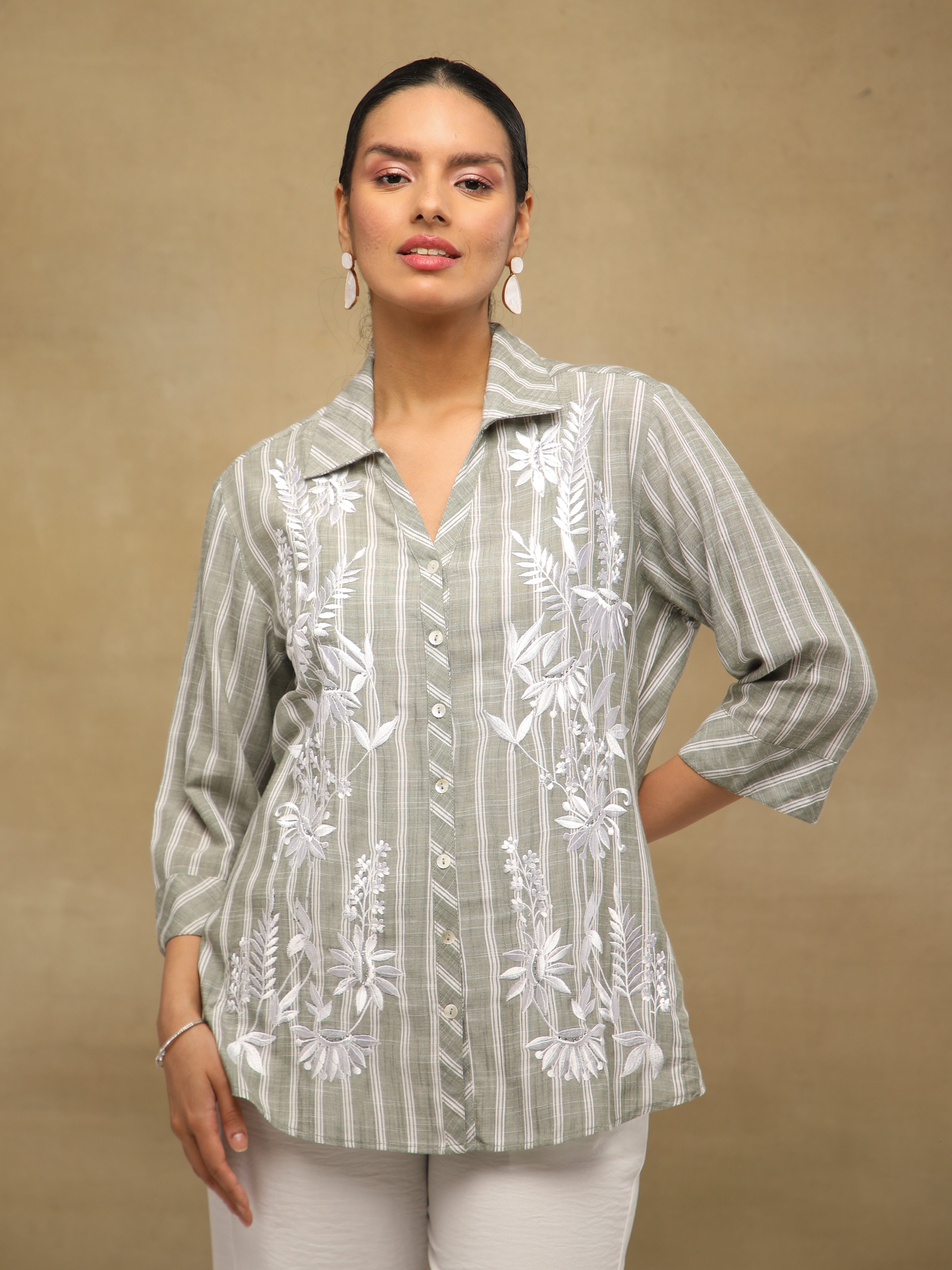 Embroidered Stripe Olive Linen Shirt