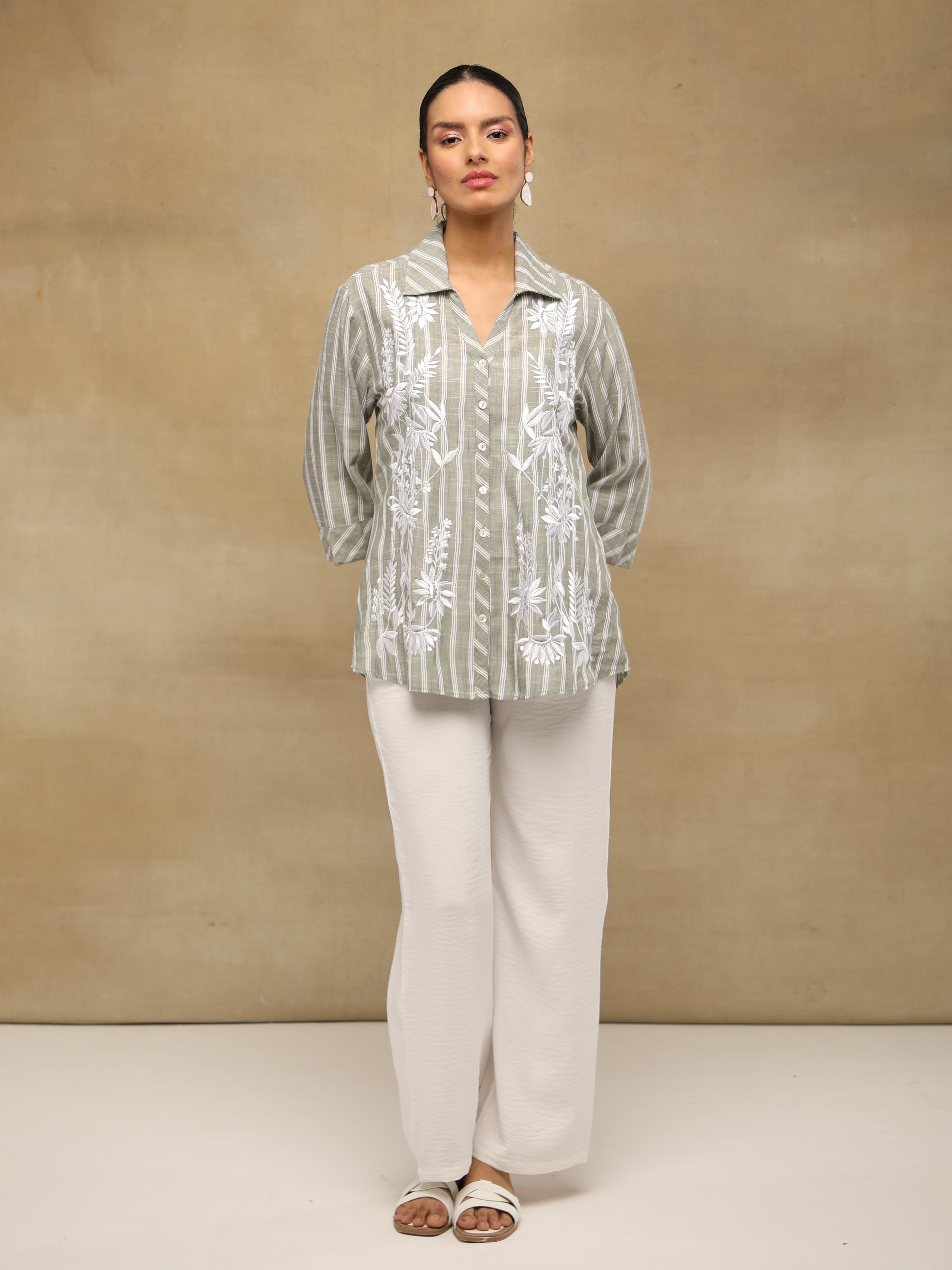 Embroidered Stripe Olive Linen Shirt