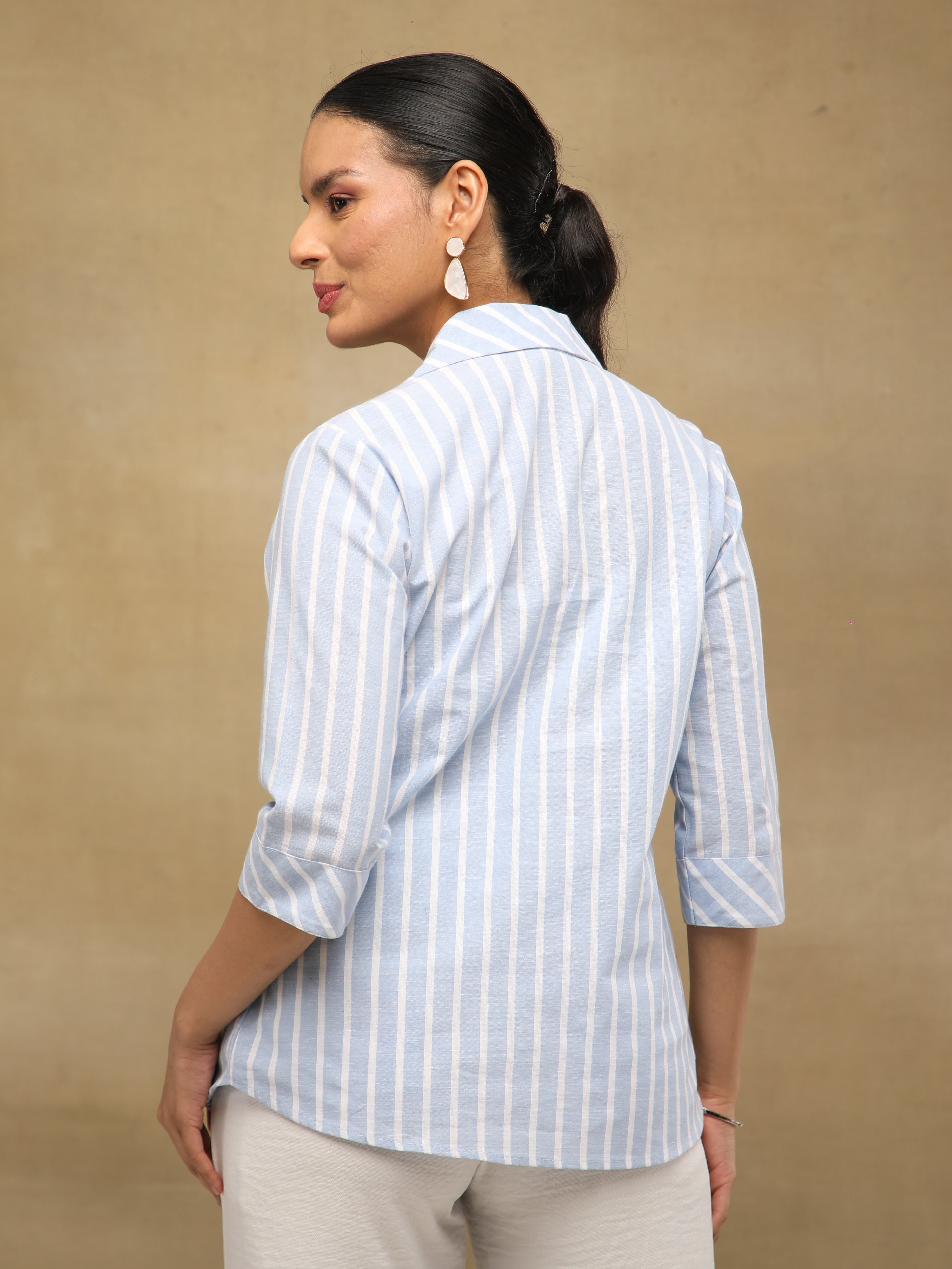 Embroidered Stripe Indigo Linen Shirt