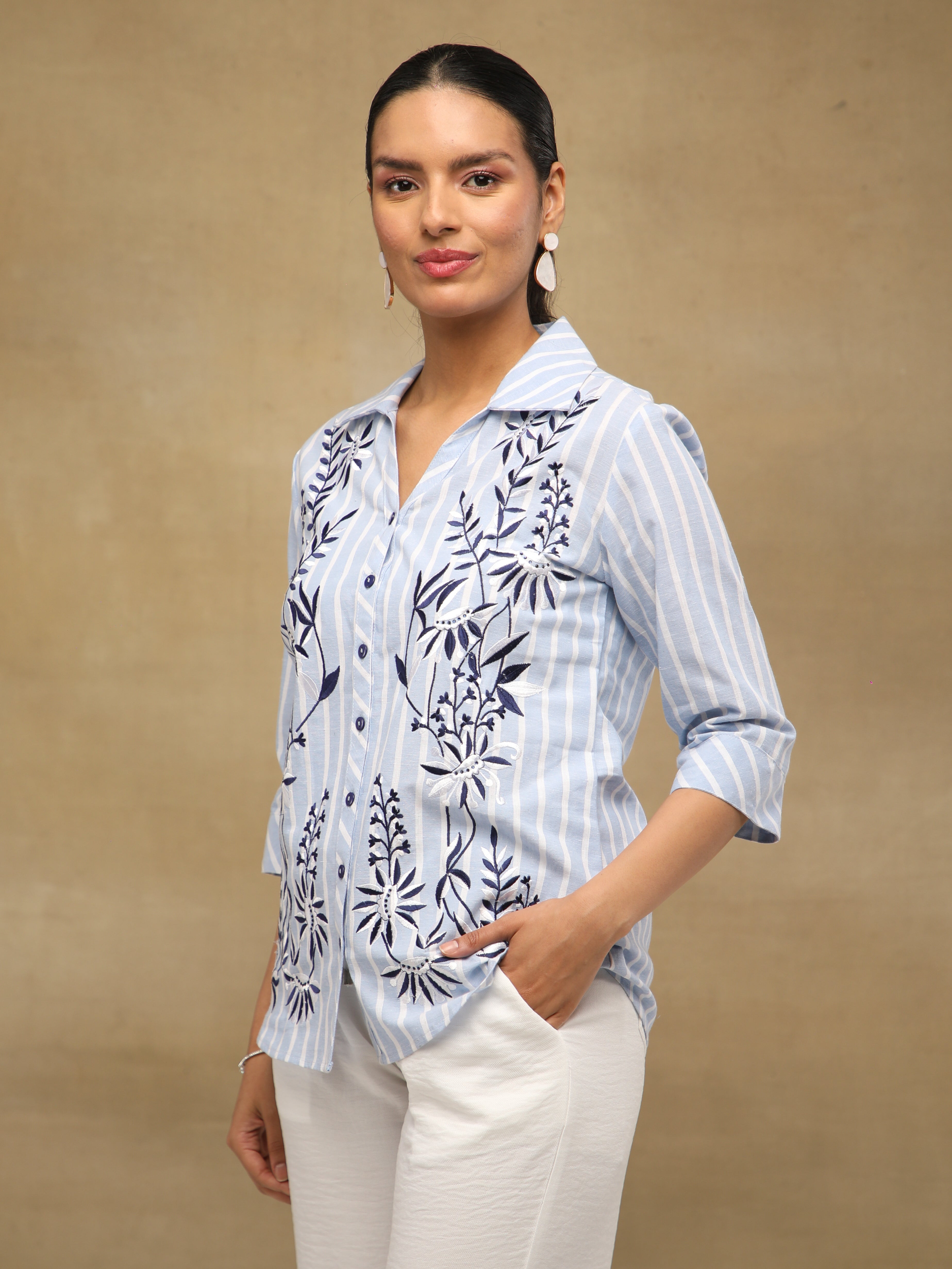 Embroidered Stripe Indigo Linen Shirt