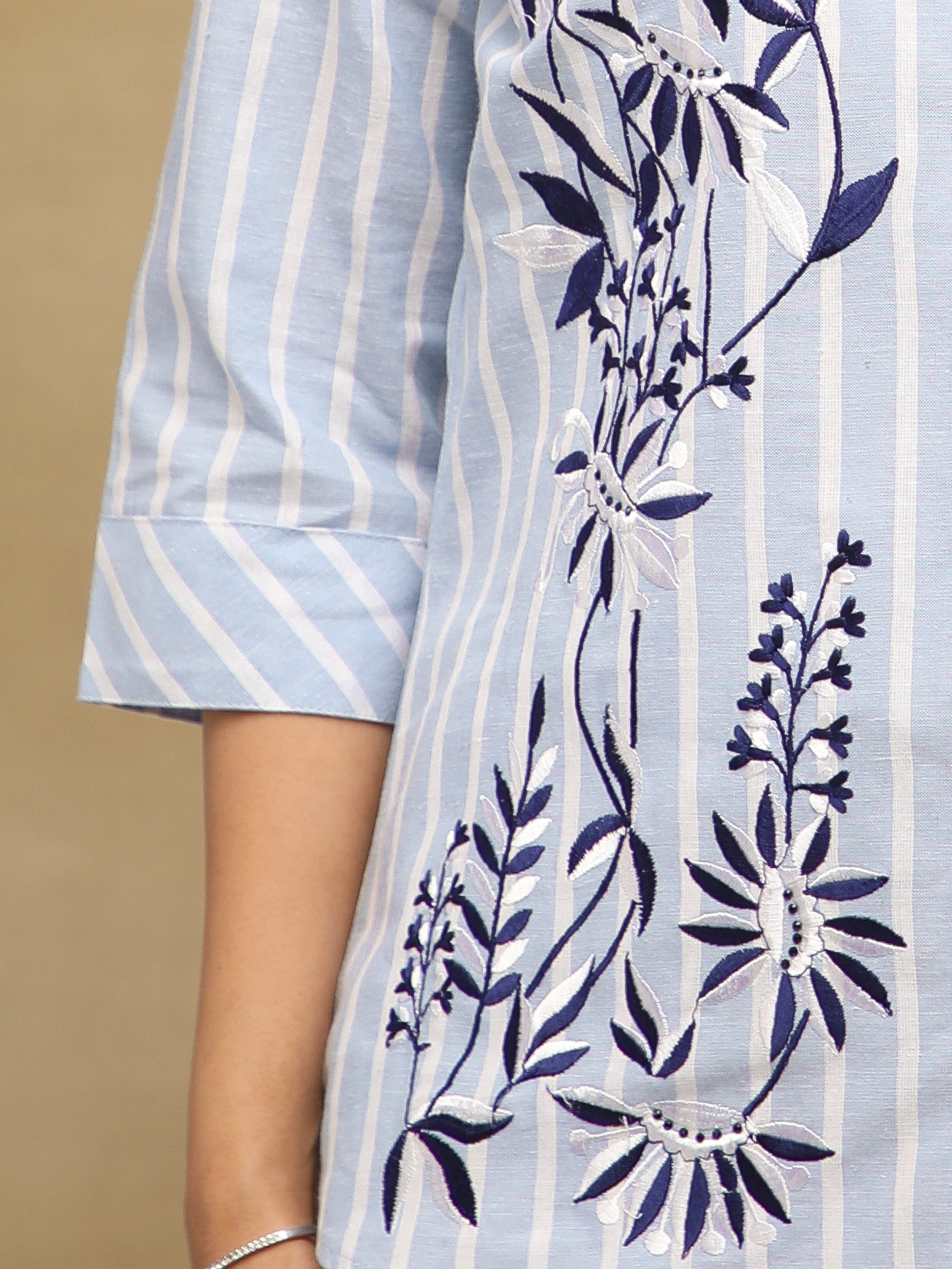 Embroidered Stripe Indigo Linen Shirt