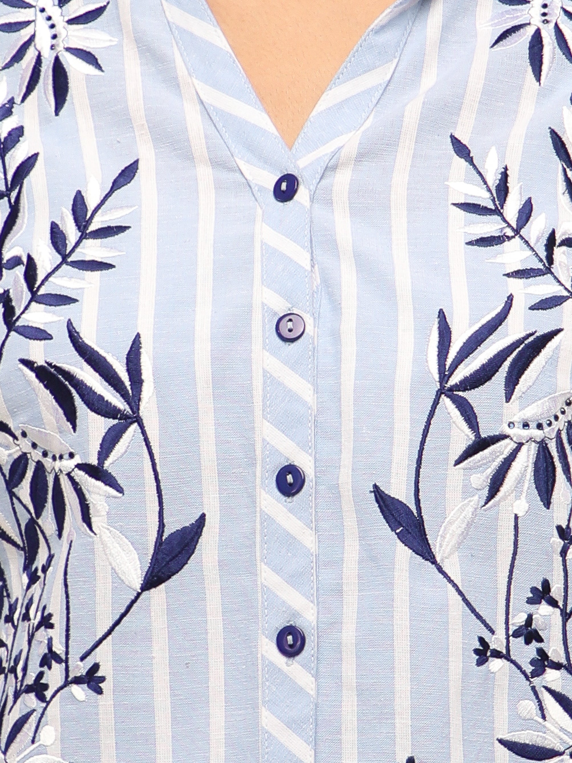 Embroidered Stripe Indigo Linen Shirt