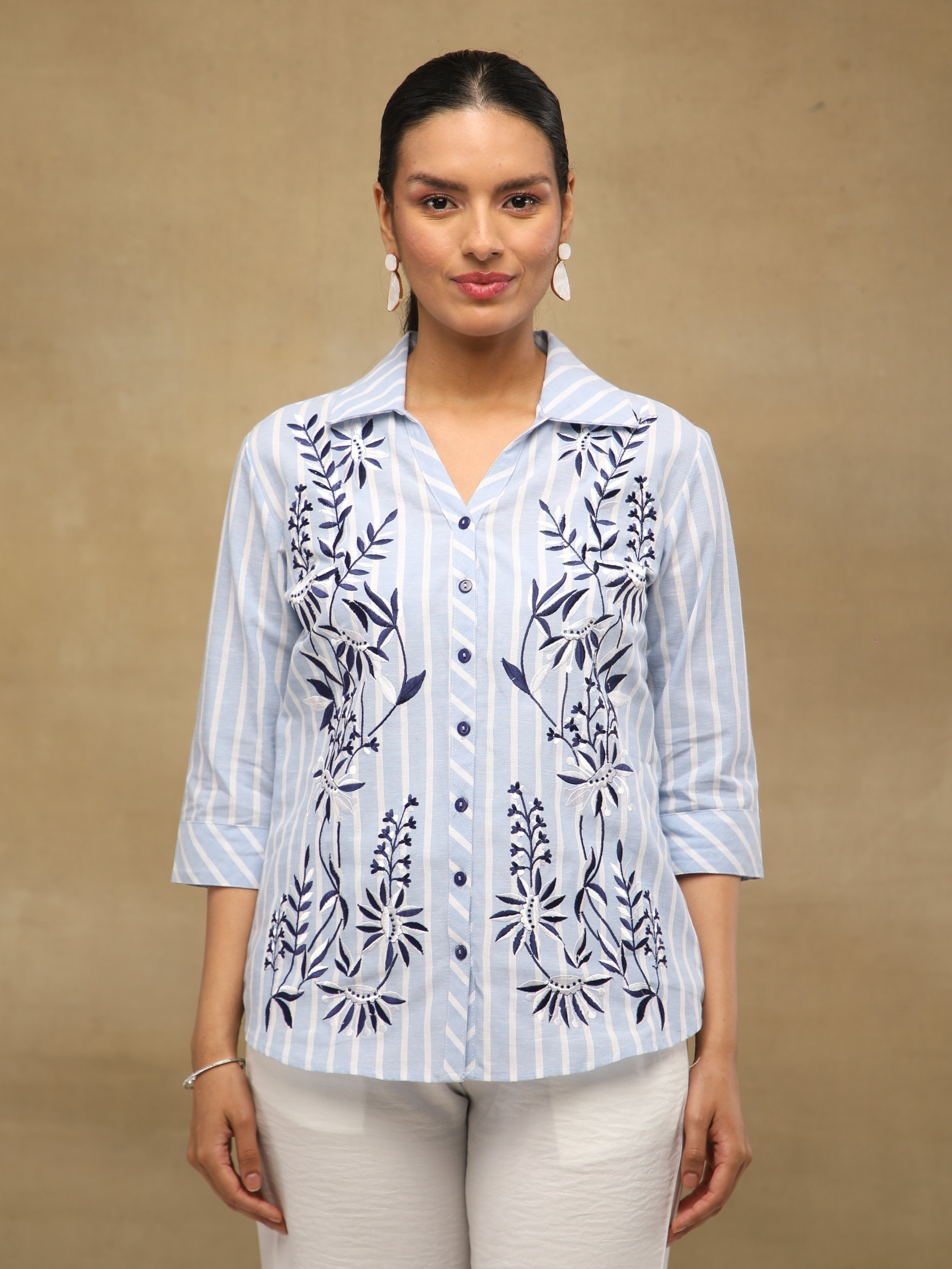 Embroidered Stripe Indigo Linen Shirt