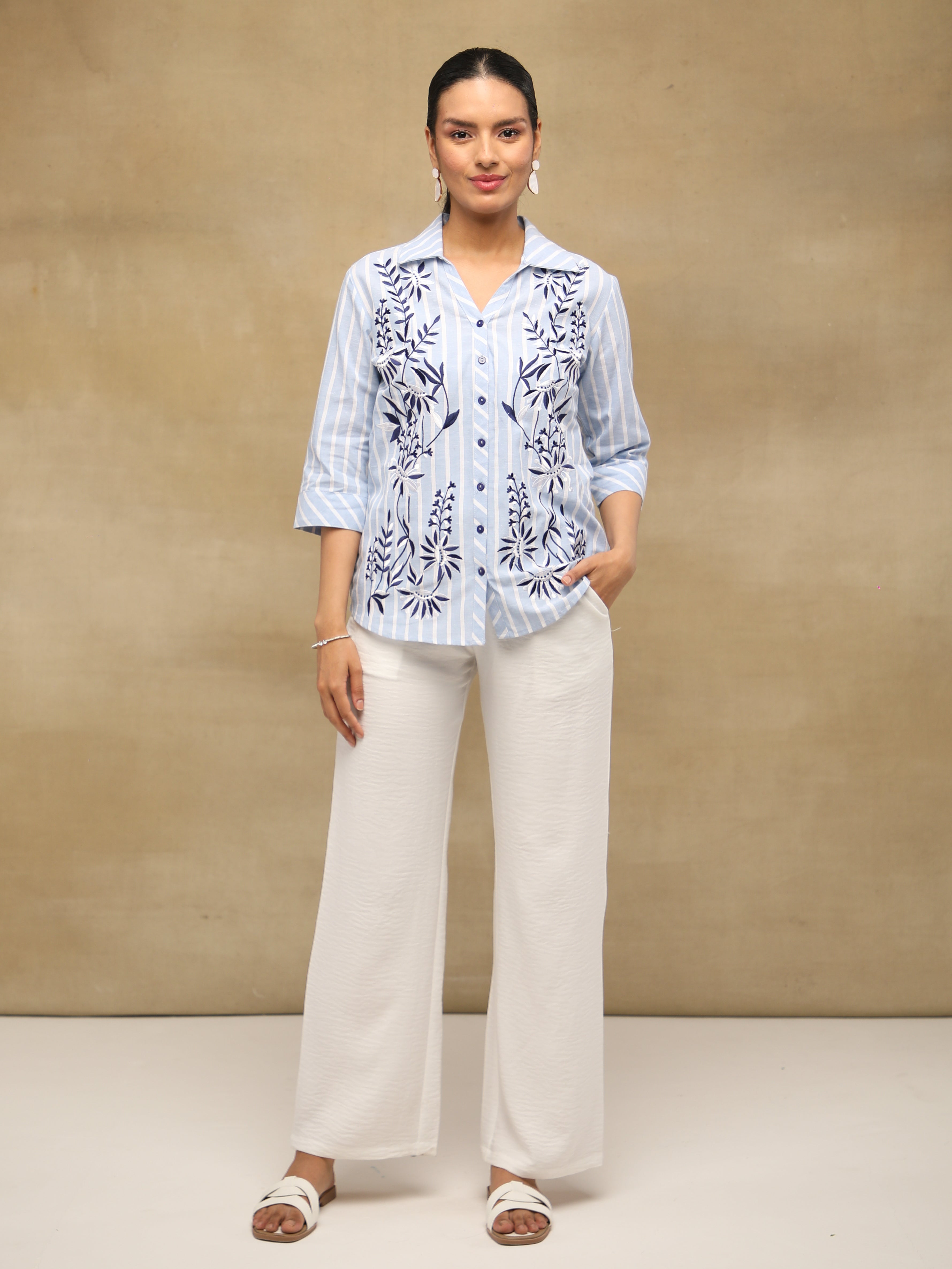 Embroidered Stripe Indigo Linen Shirt