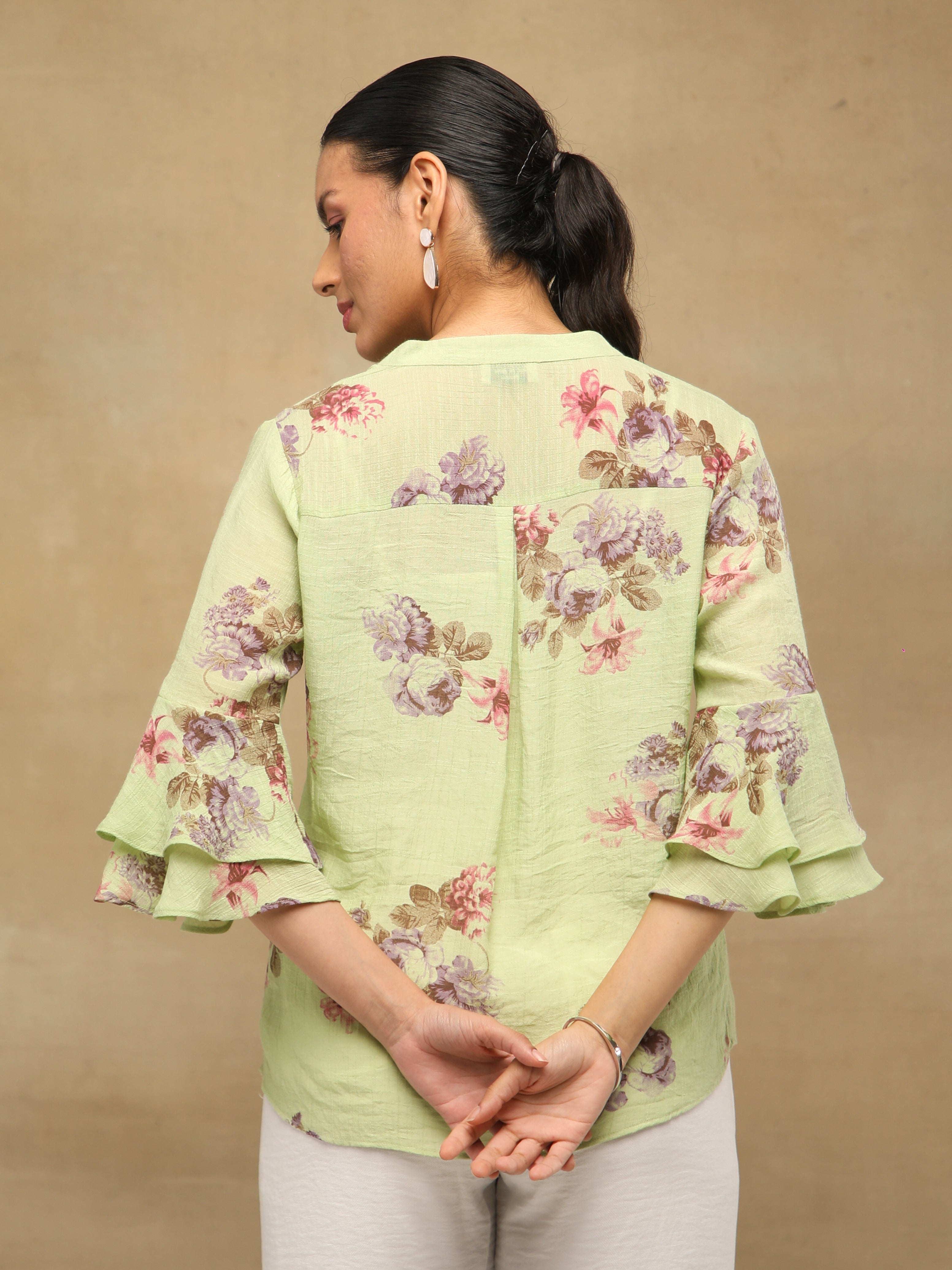 Pistachio Floral Printed Bell Sleeve Top