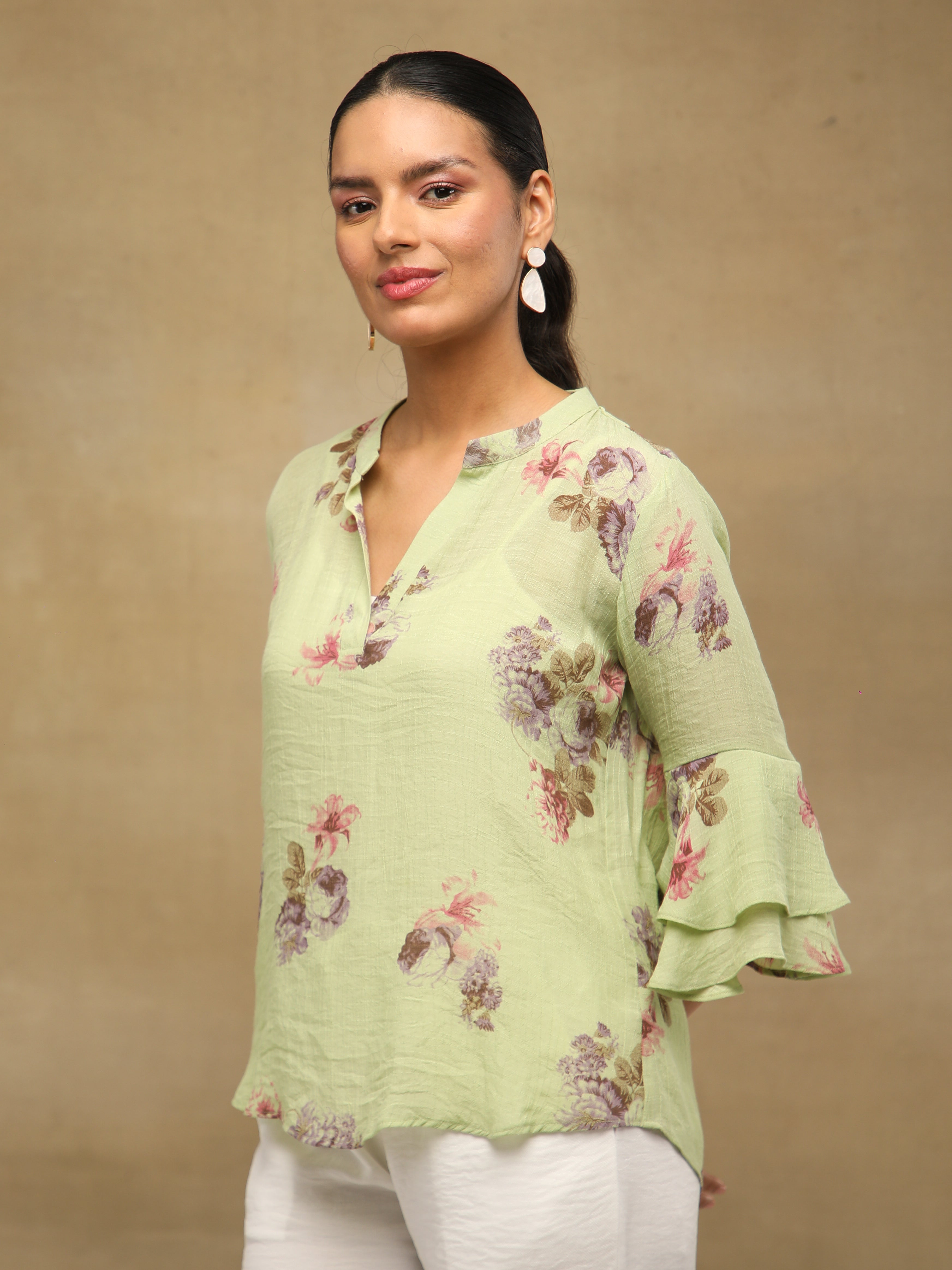 Pistachio Floral Printed Bell Sleeve Top