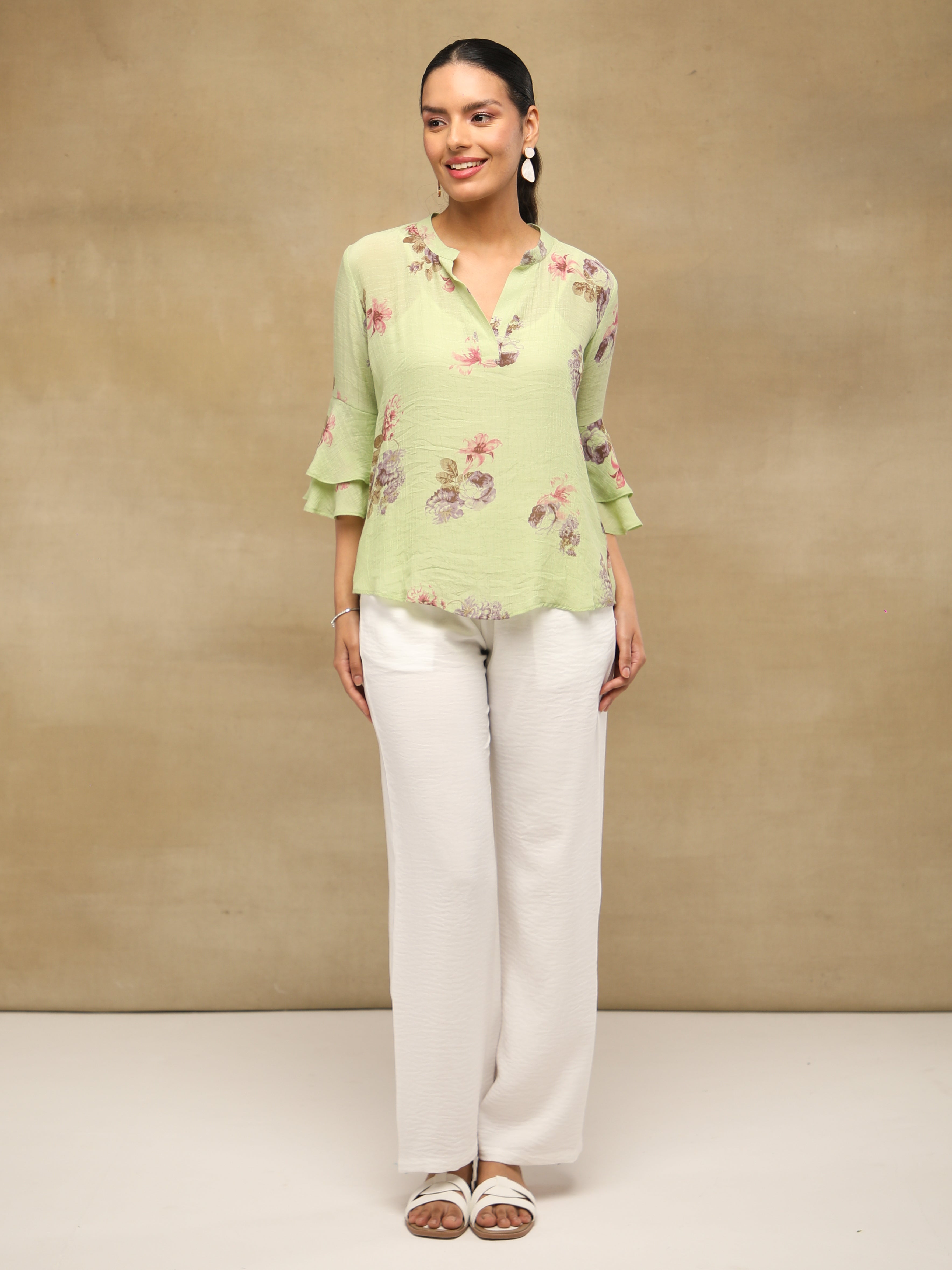 Pistachio Floral Printed Bell Sleeve Top