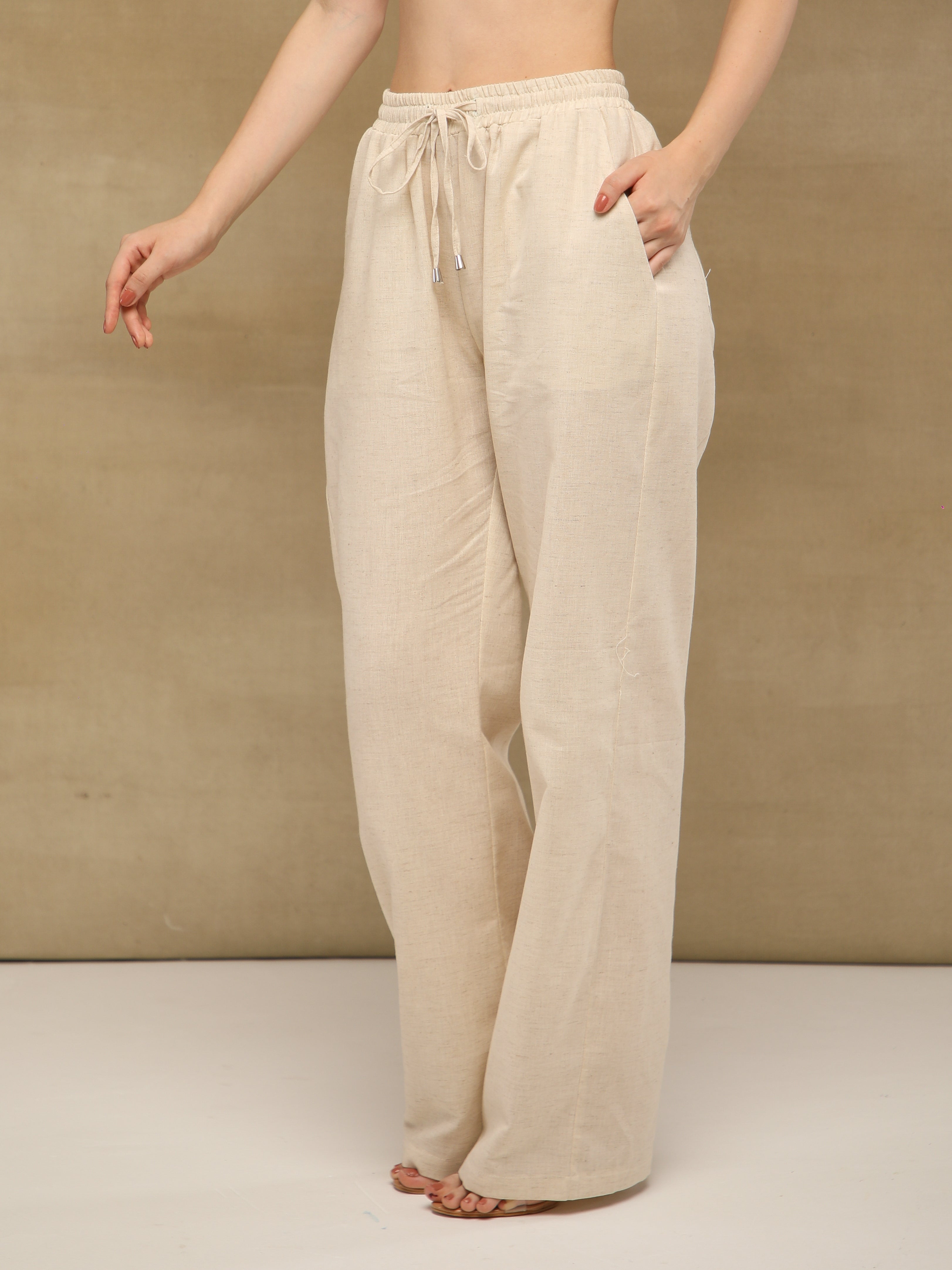 Beige Drawstring Linen Pants