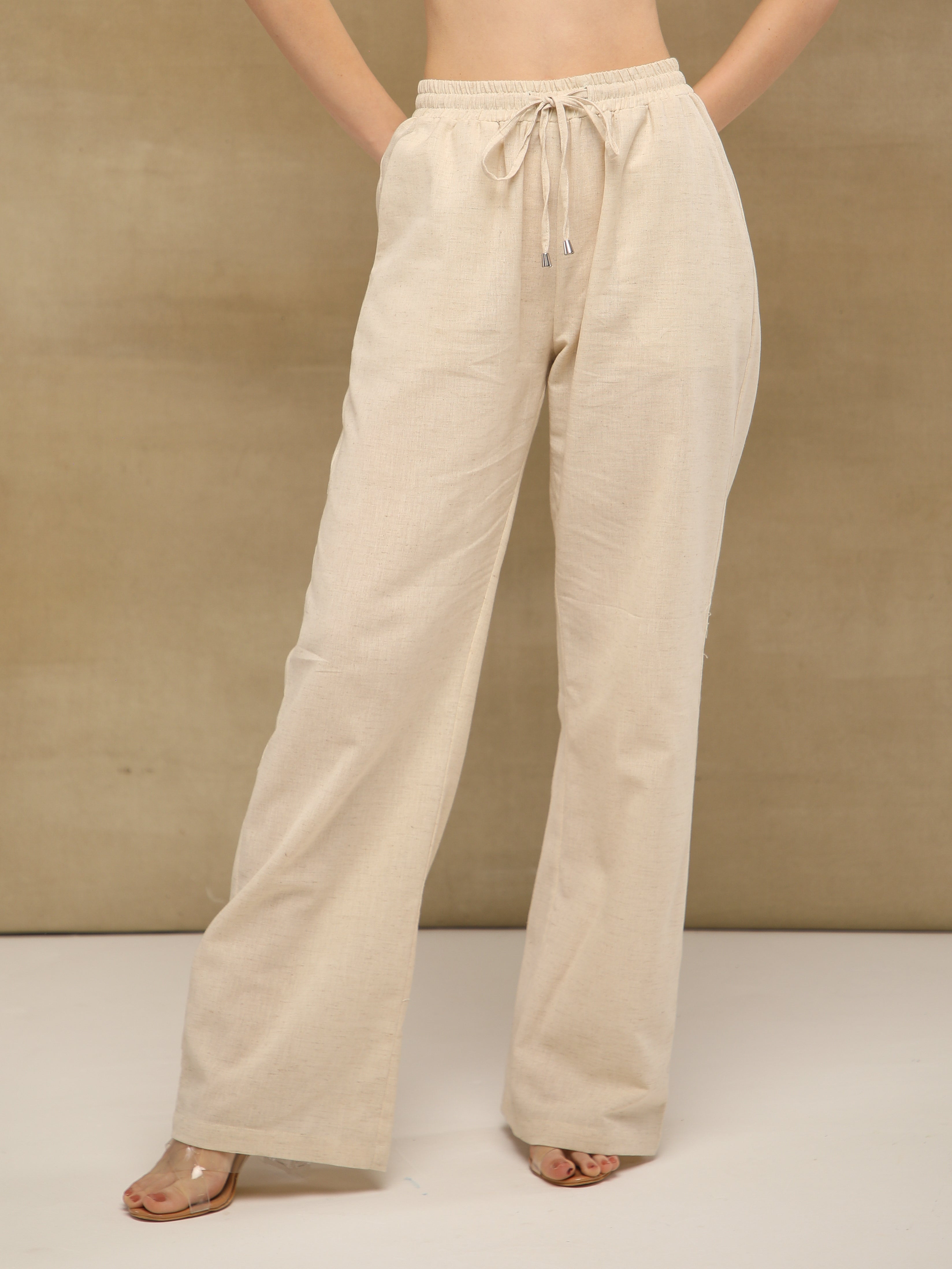 Beige Linen Yoke Pintuck Co-ord Set