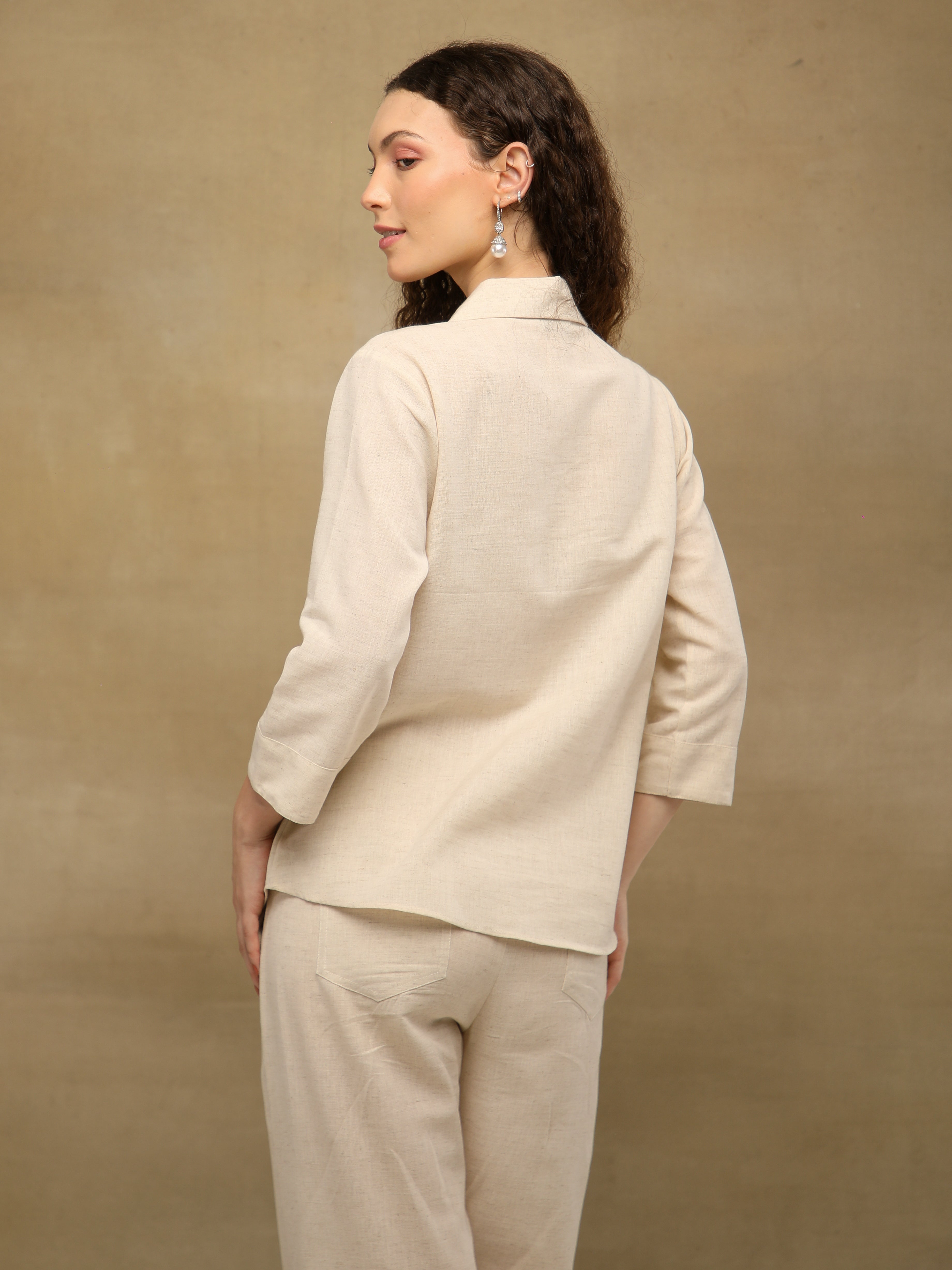 Beige Linen Yoke Pintuck Co-ord Set