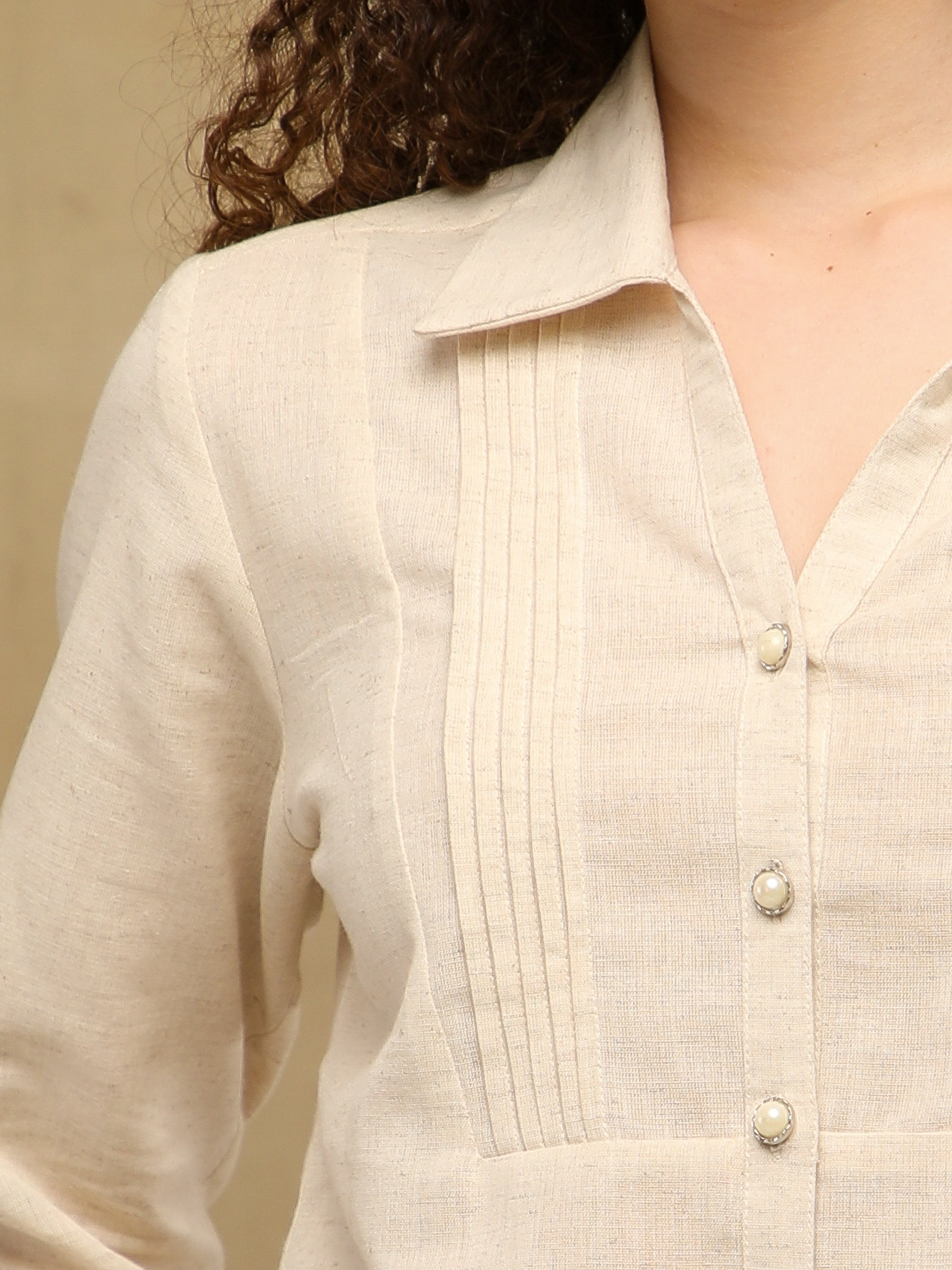 Beige Linen Yoke Pintuck Shirt