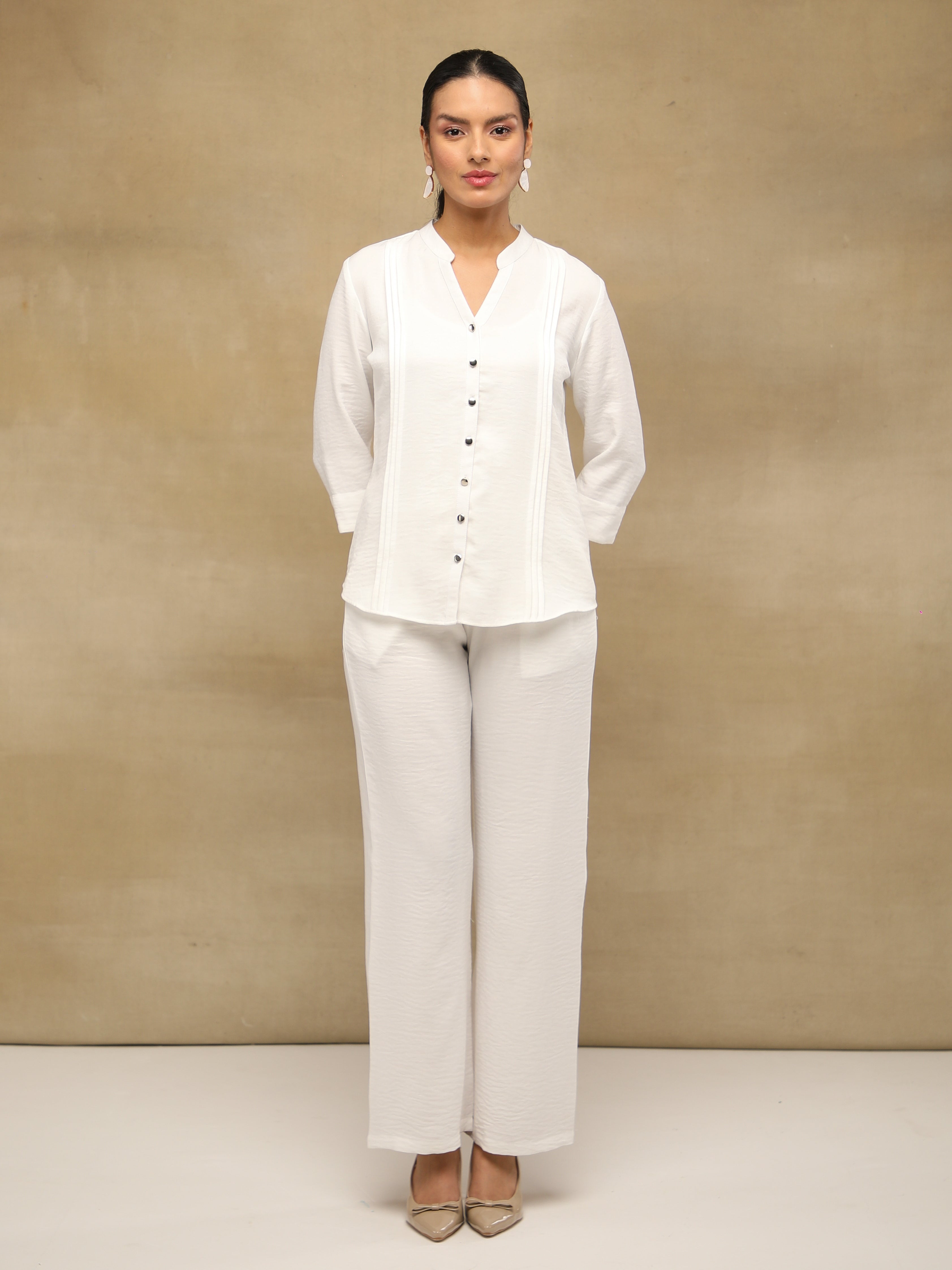 Melange Linen Triple Pintuck White Co-ord Set