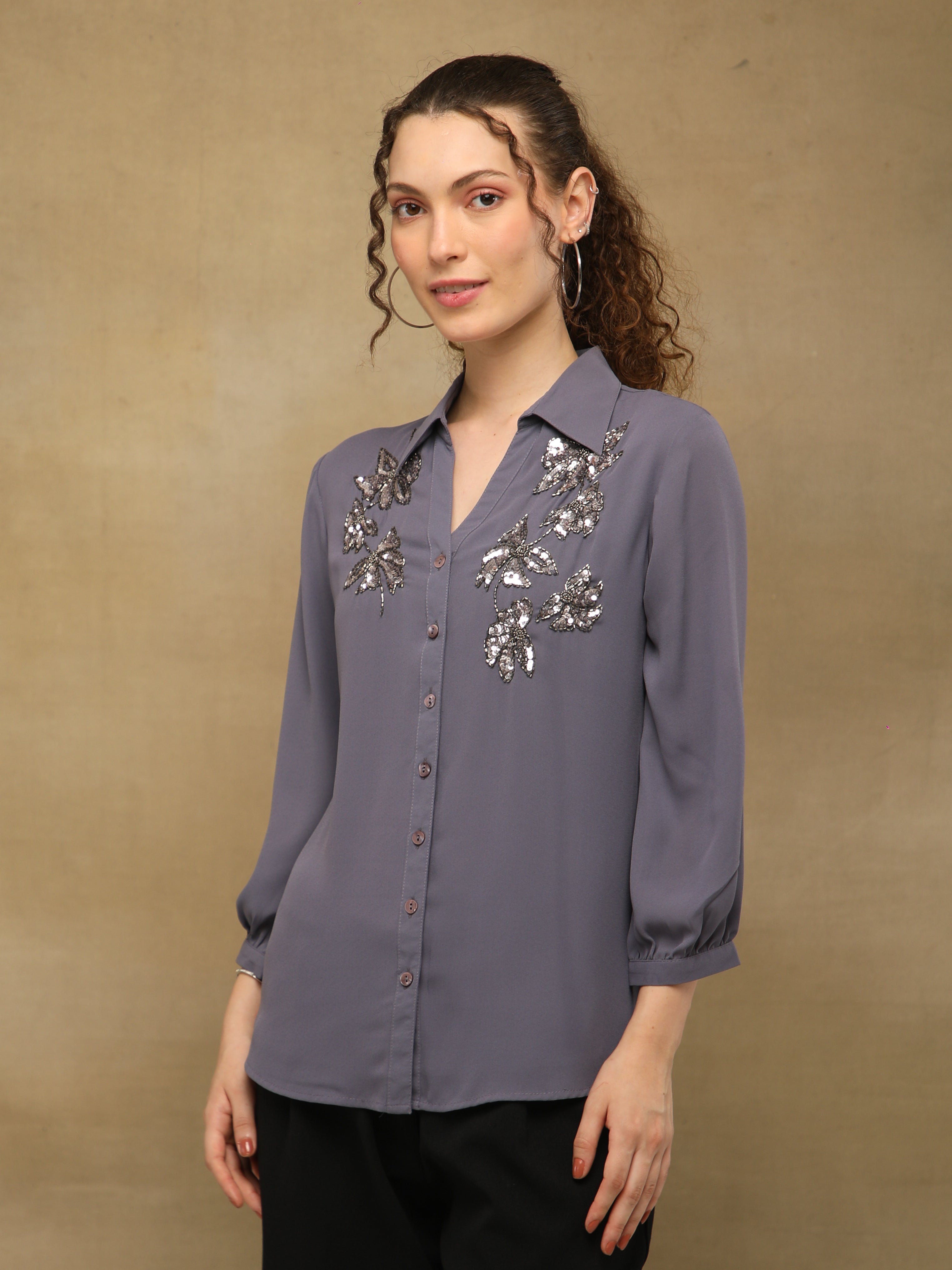 Butterfly Sequins Grey Shirt