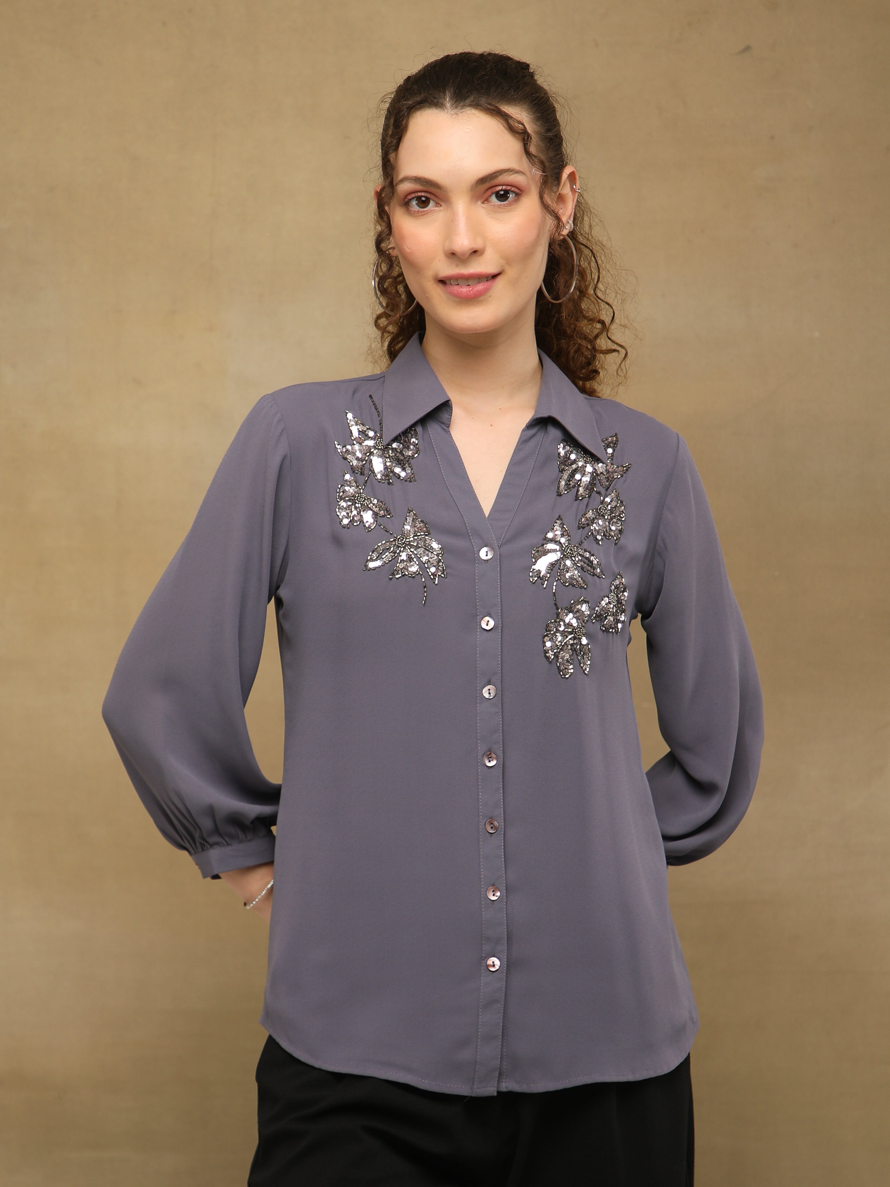 Butterfly Sequins Grey Shirt