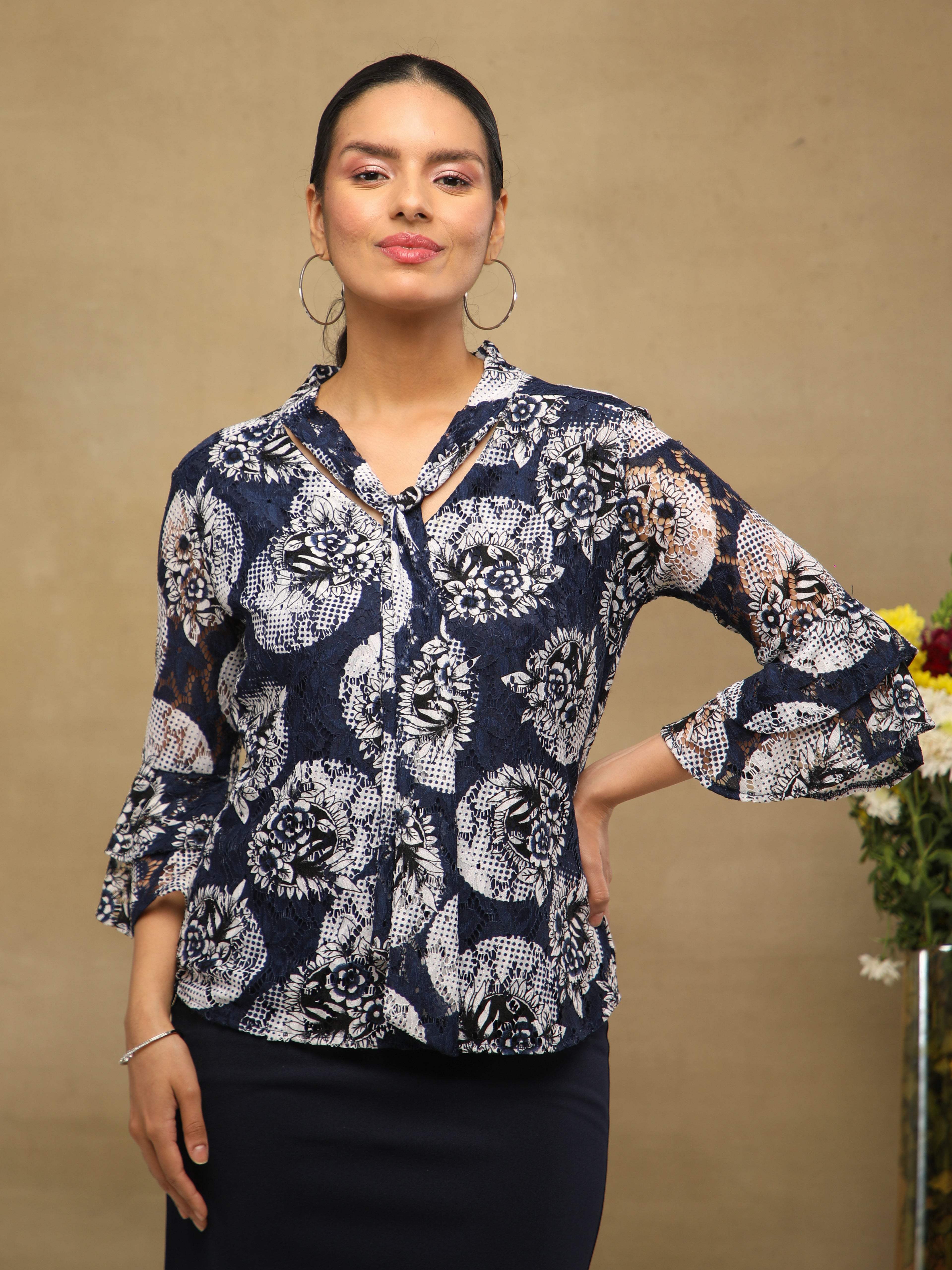 Navy Net Front Tie Top