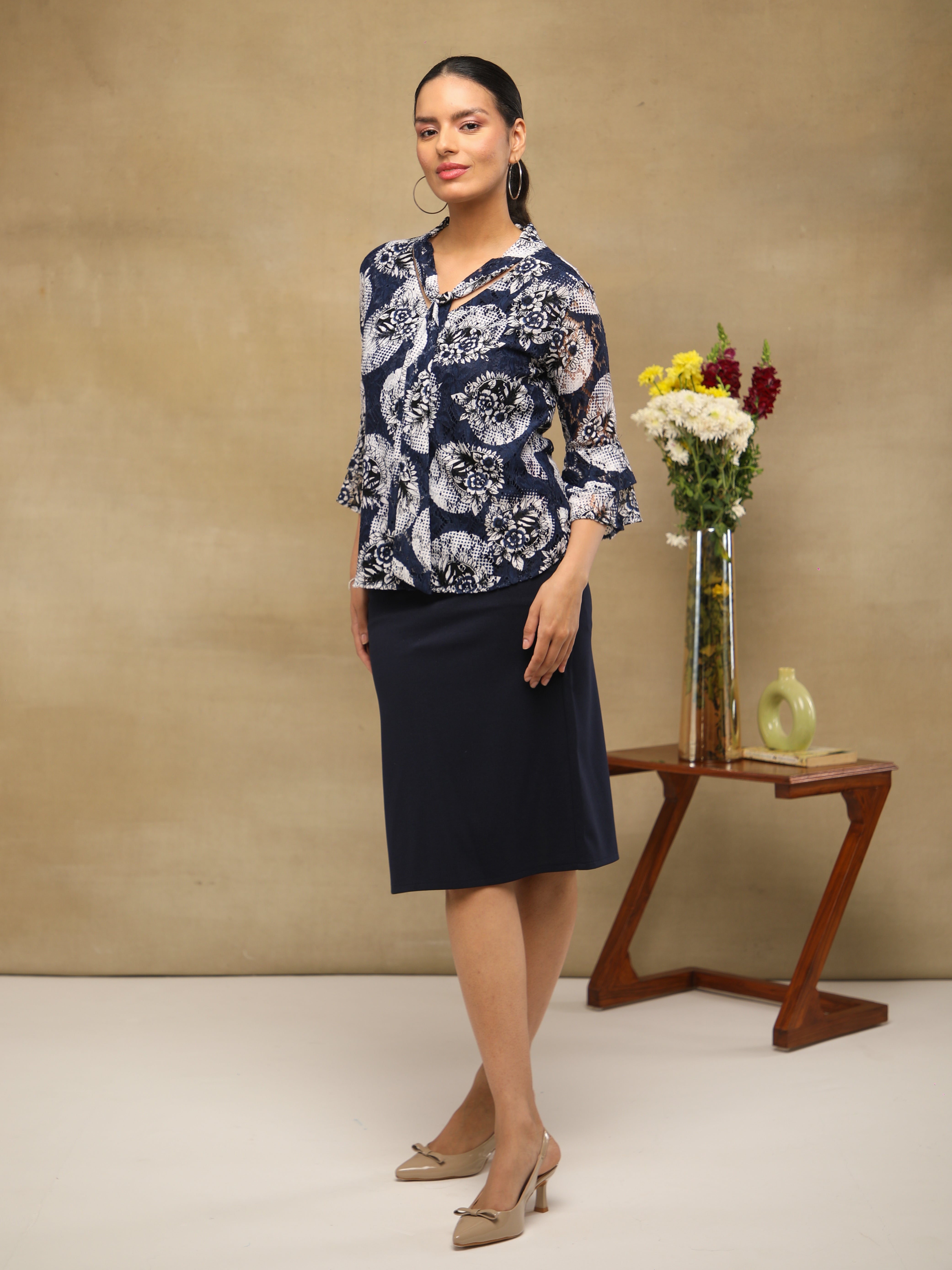 Navy Net Front Tie Top