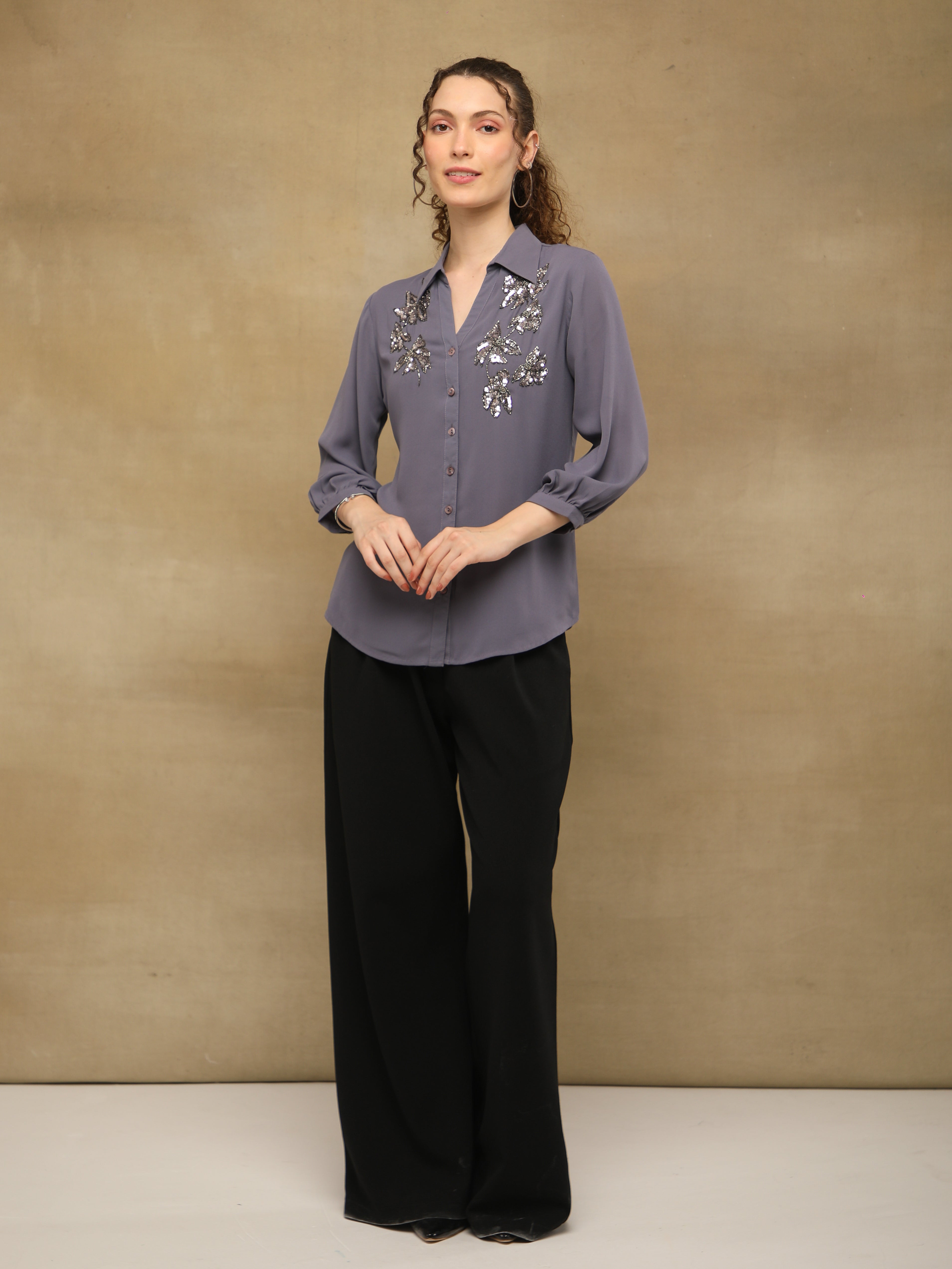 Butterfly Sequins Grey Shirt
