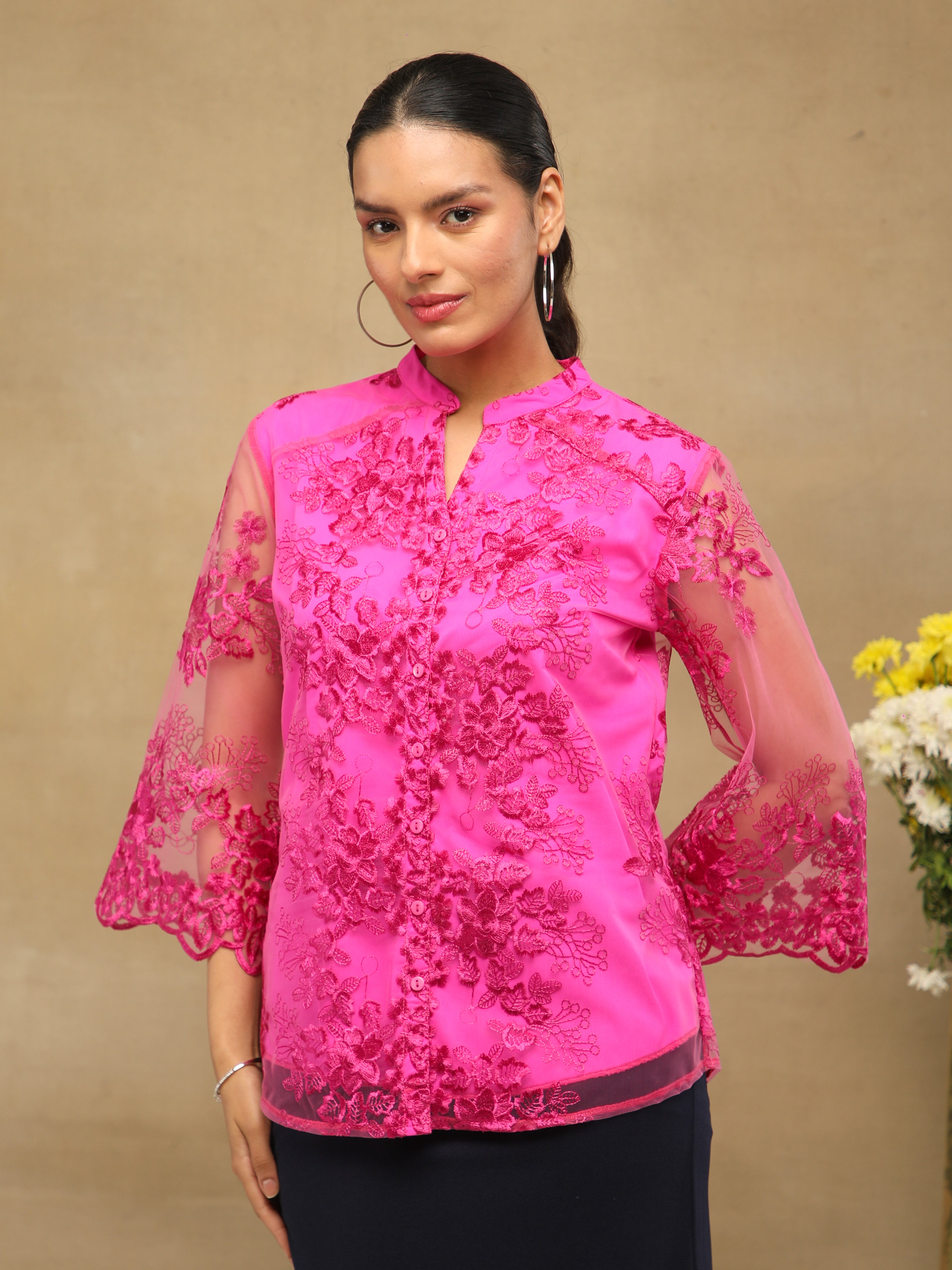 Rosé Bloom Embroidered Sheer Top