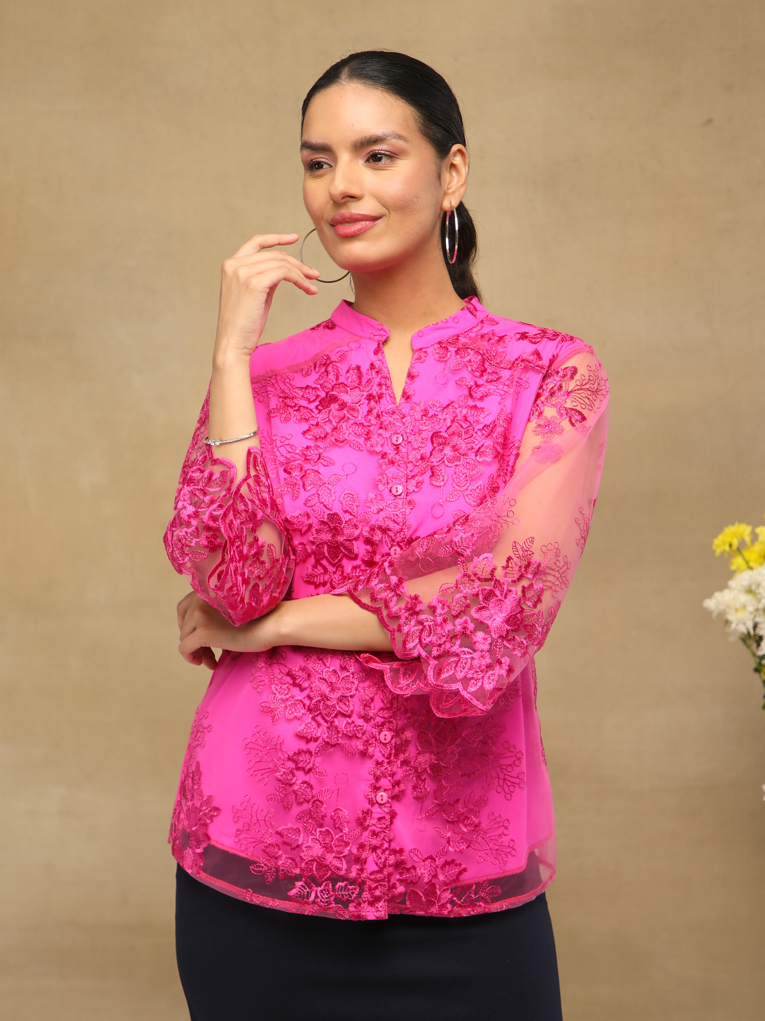 Rosé Bloom Embroidered Sheer Top