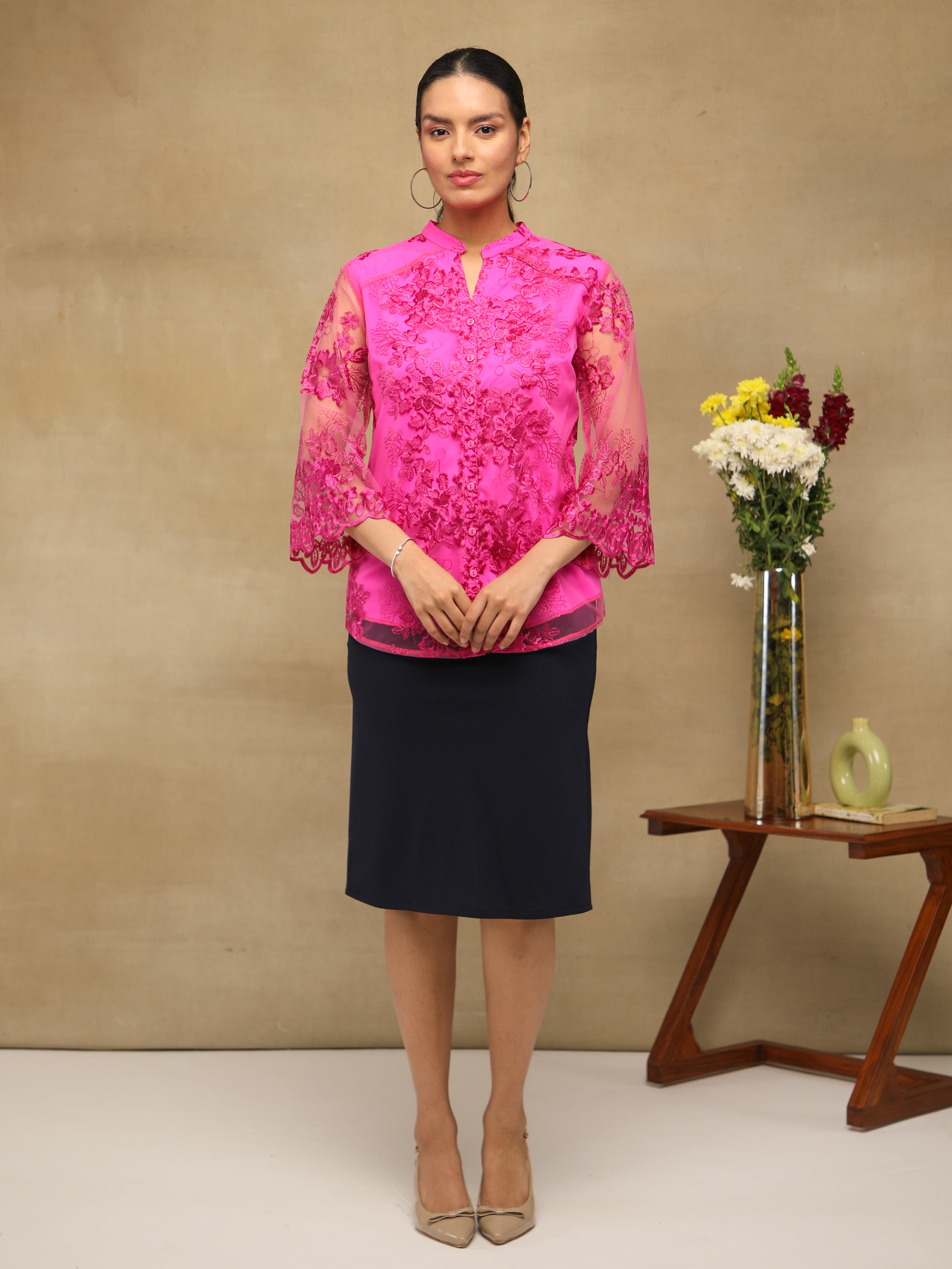 Rosé Bloom Embroidered Sheer Top